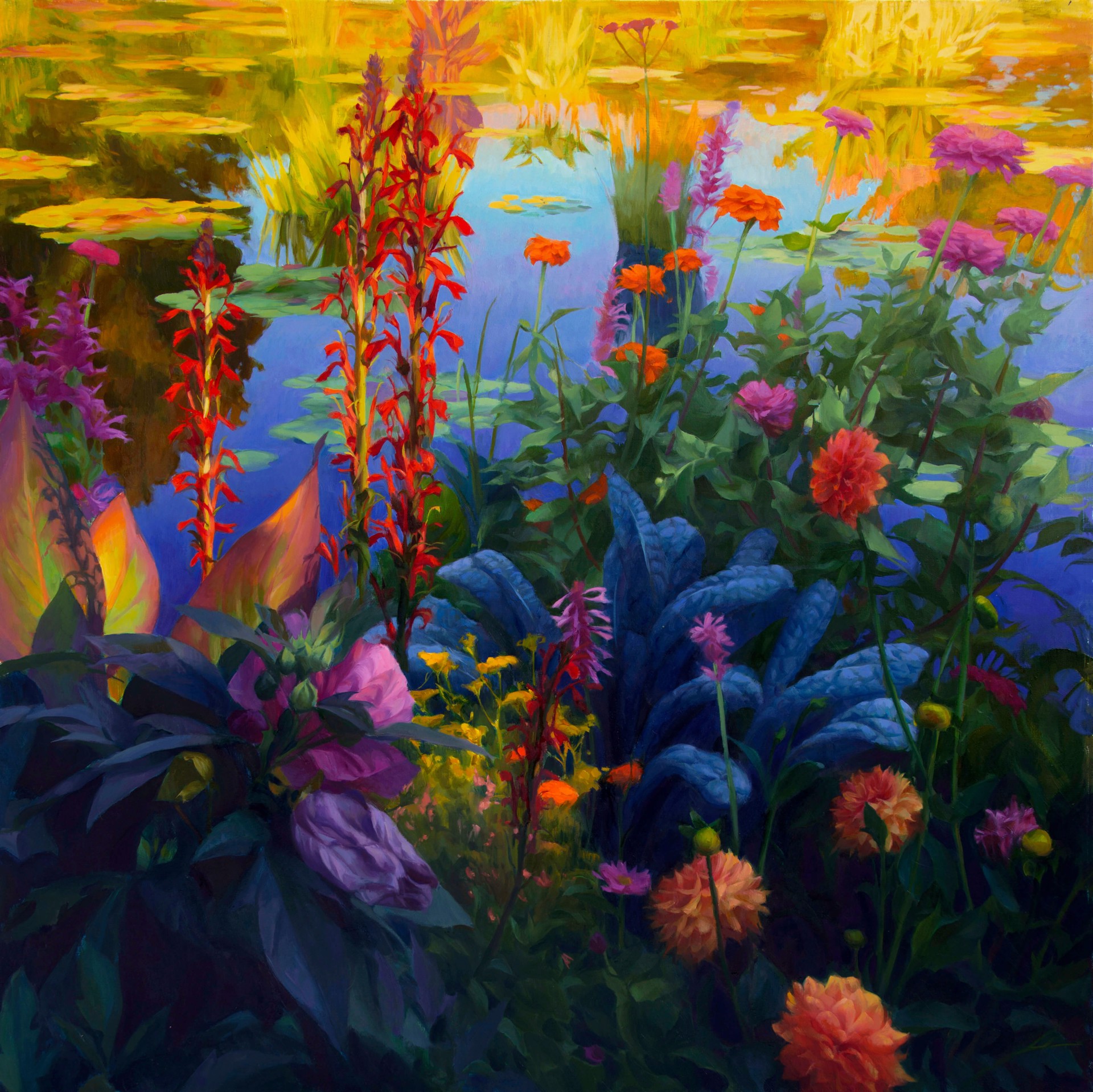 A painting of colorful flowers in a garden by a pond.