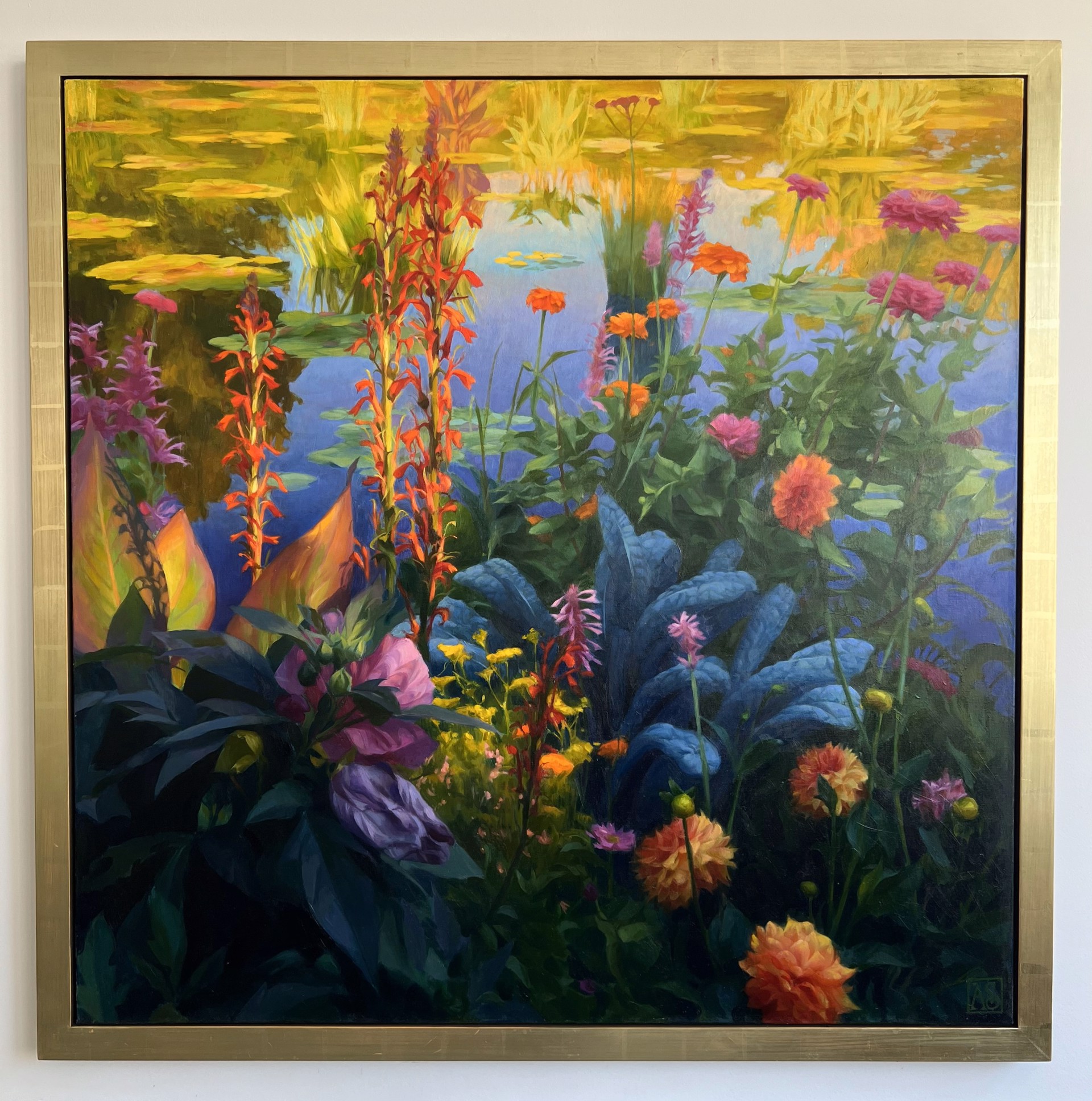A painting of colorful flowers in a garden by a pond.