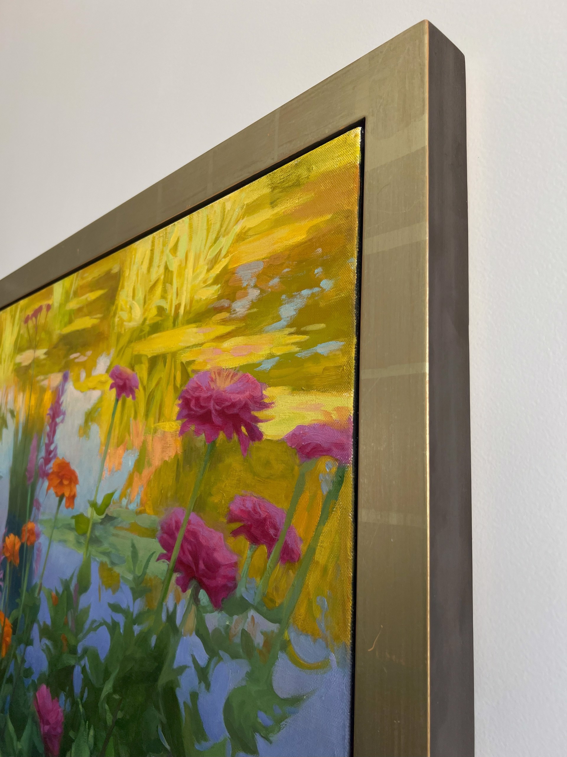 A painting of colorful flowers in a garden by a pond.