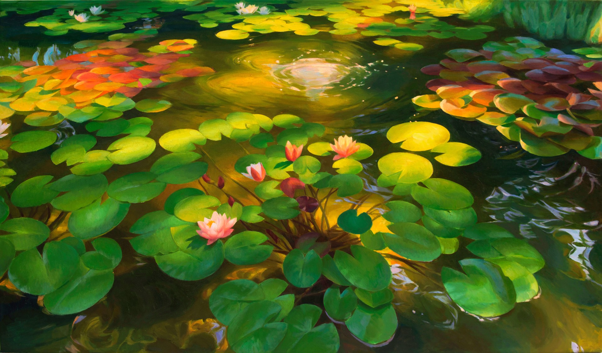A painting of water lilies in a pond of water.