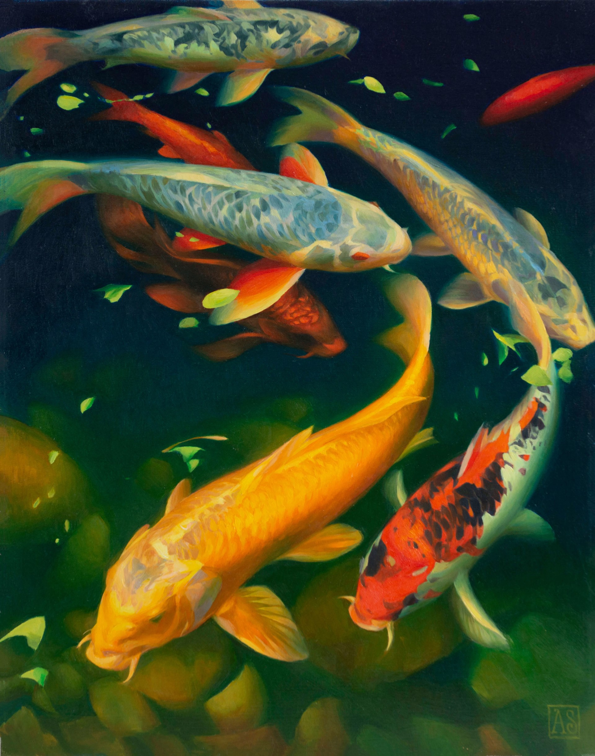 A vibrant underwater scene featuring a school of colorful koi fish swimming among green foliage.