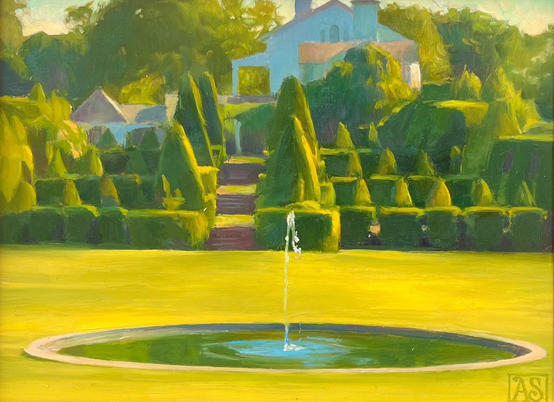A vibrant garden scene featuring a fountain, manicured hedges, and a distant house.