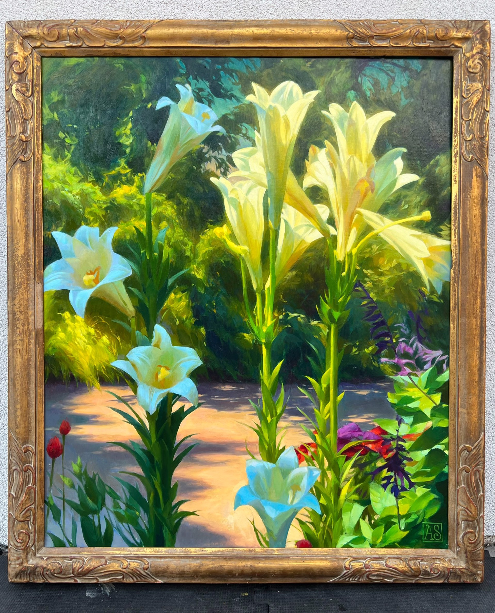 A painting of white lilies in a garden. 