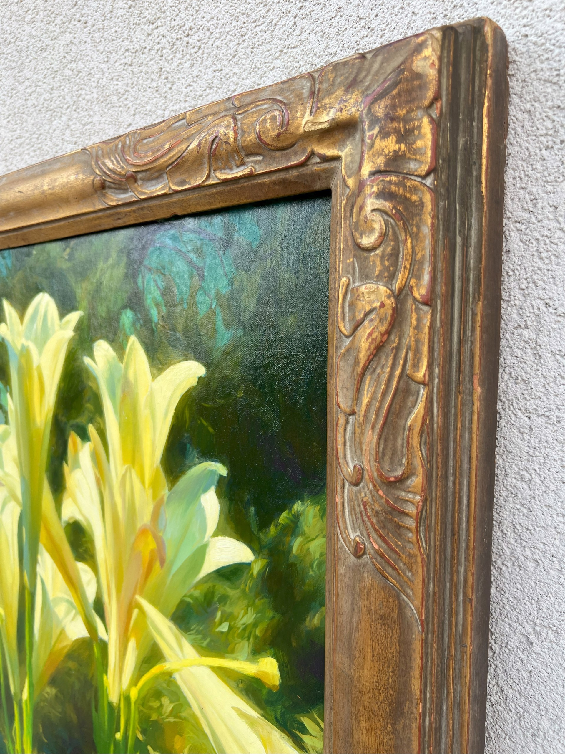 A painting of white lilies in a garden. 