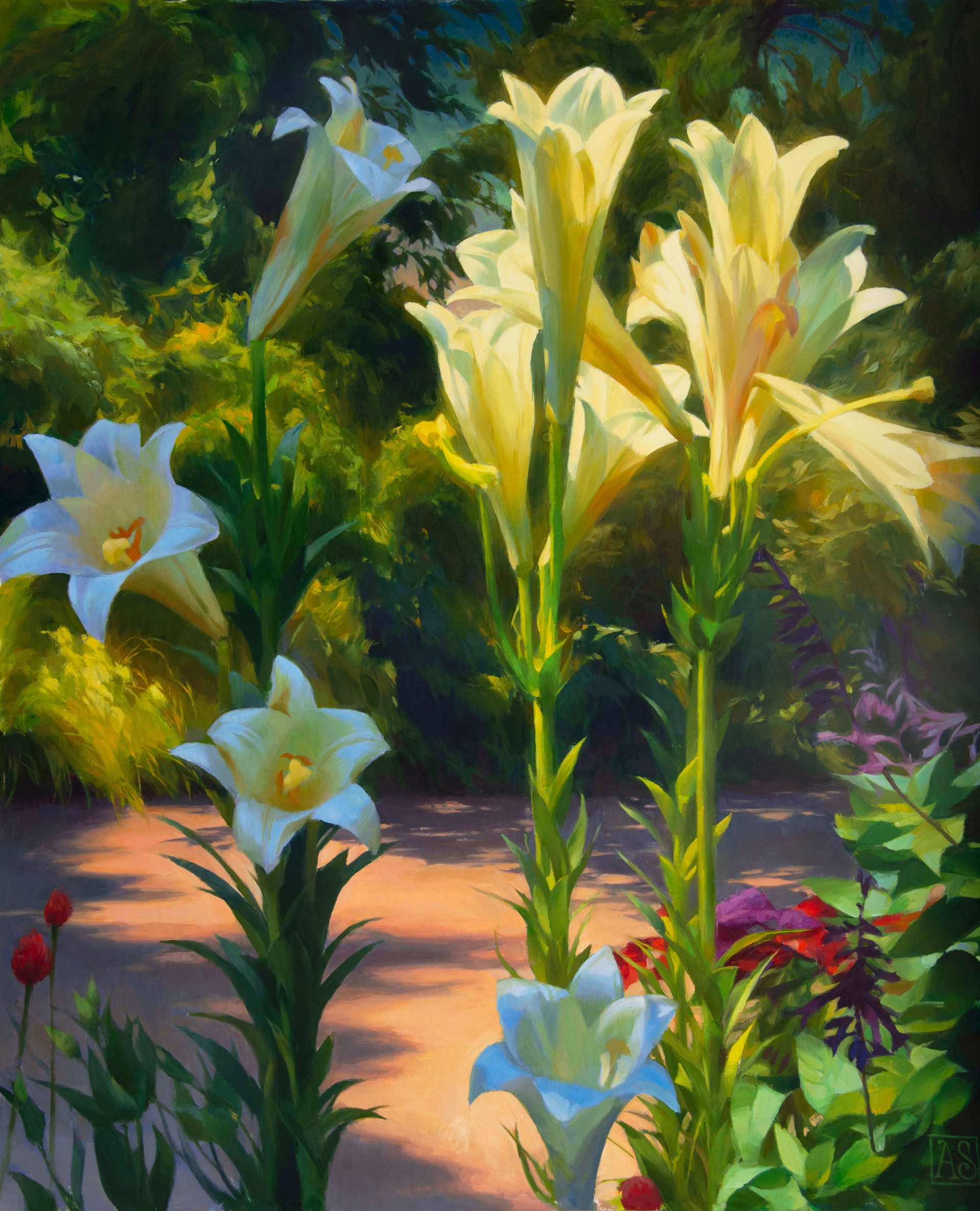 A painting of white lilies in a garden. 