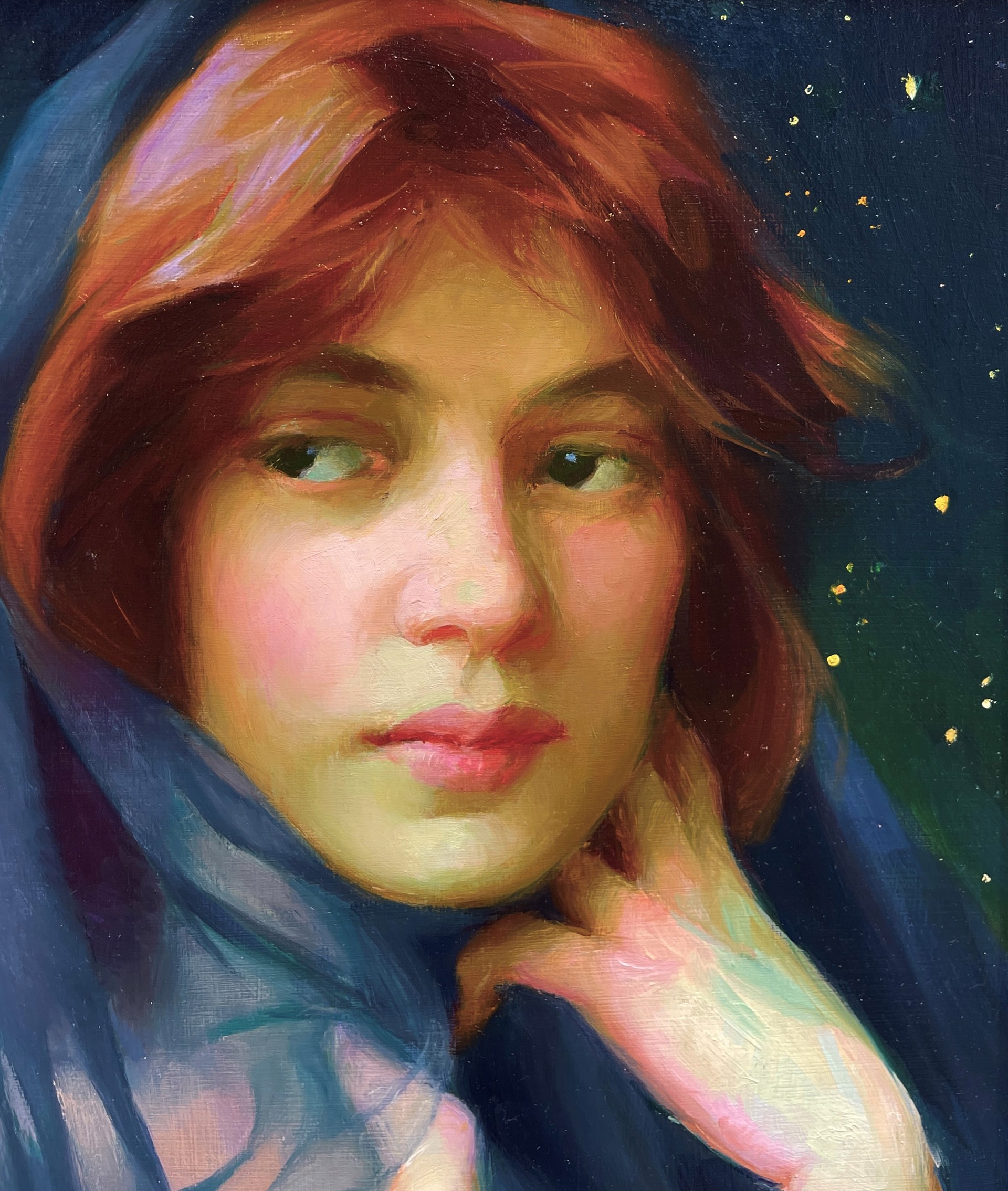 A painting of a woman with a veil over her head.