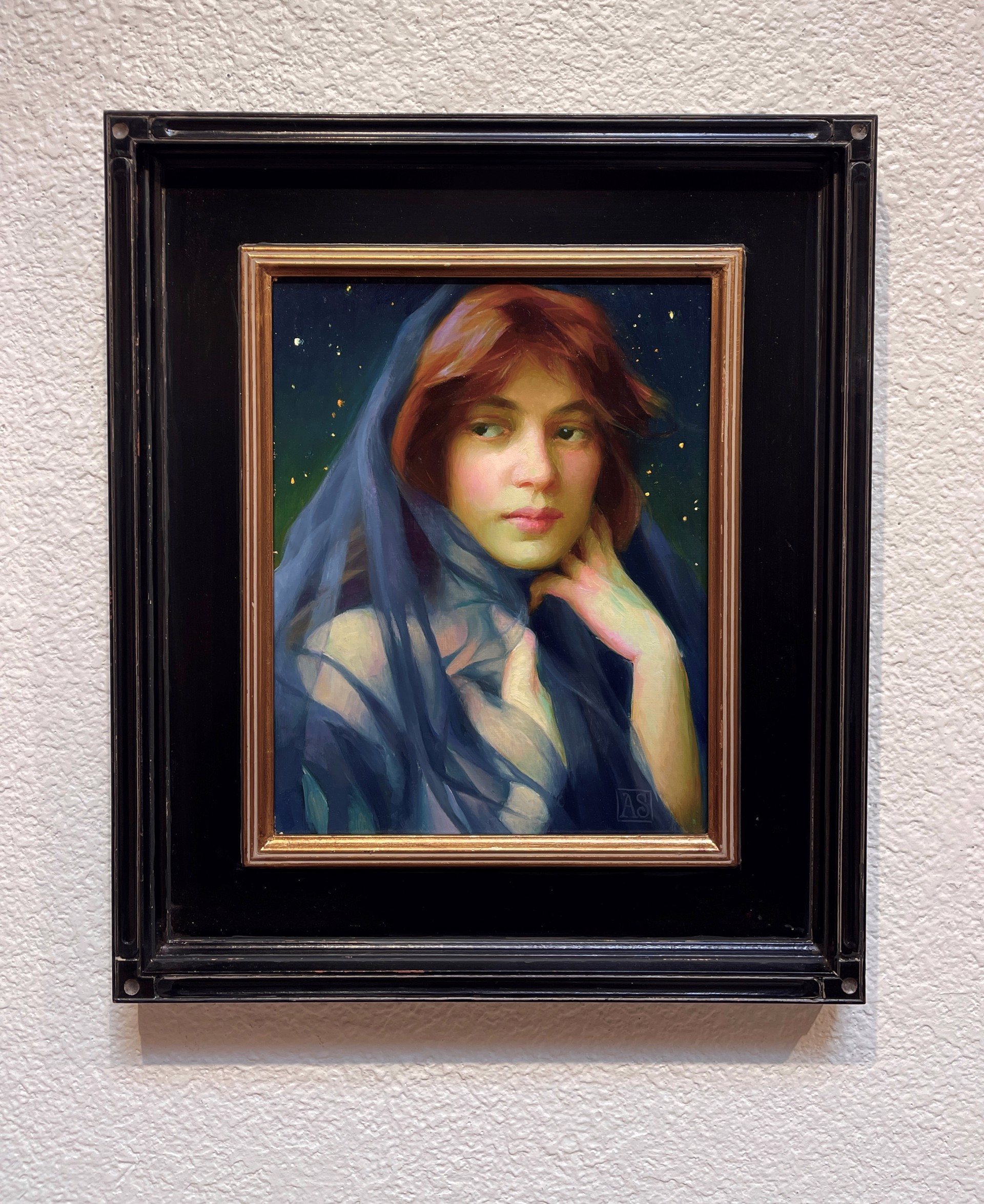 A painting of a woman with a veil over her head.