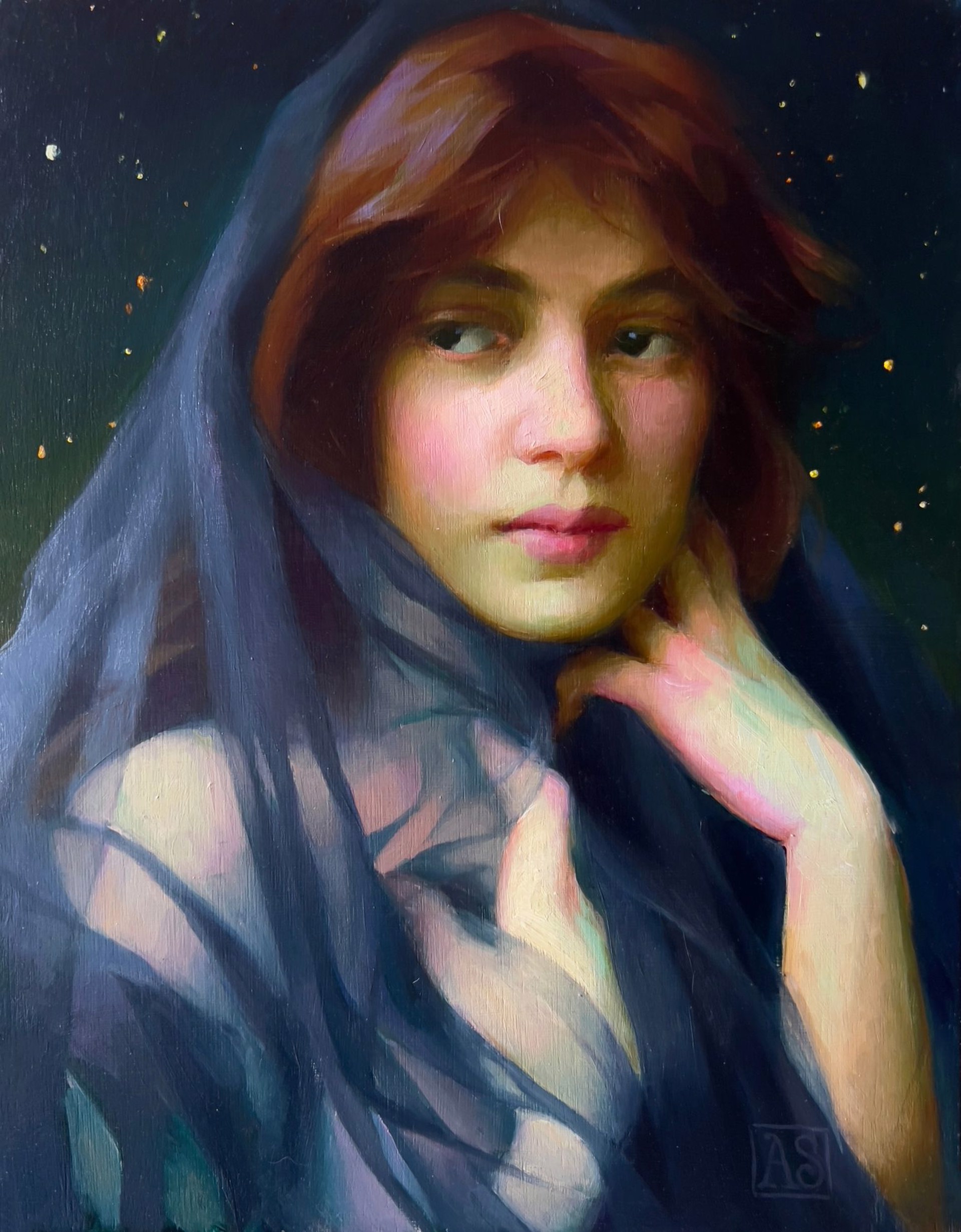 A painting of a woman with a veil over her head.
