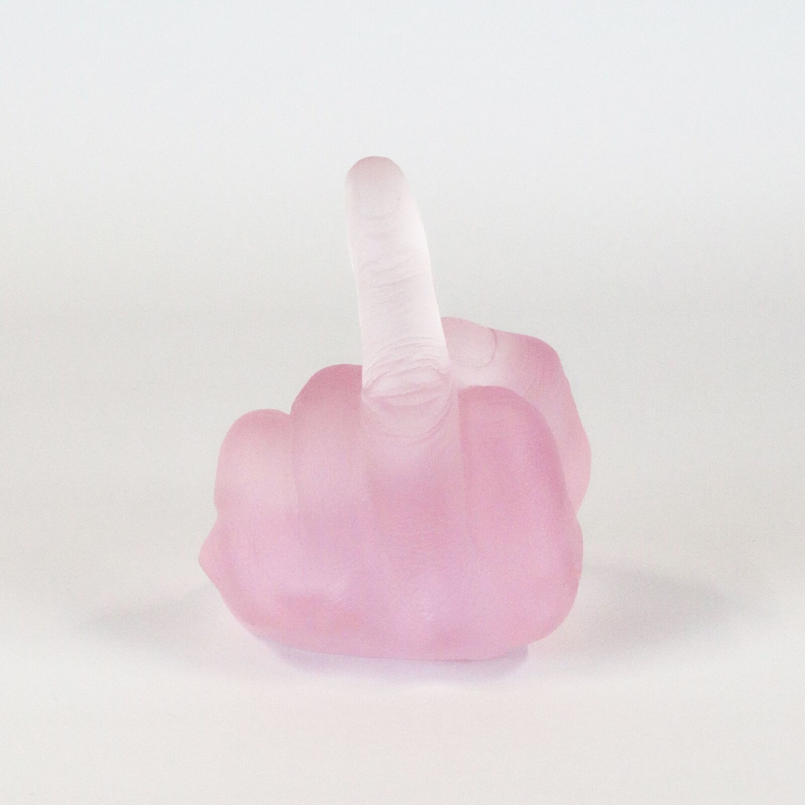 A row of six translucent, colorful hand sculptures in the middle finger gesture.