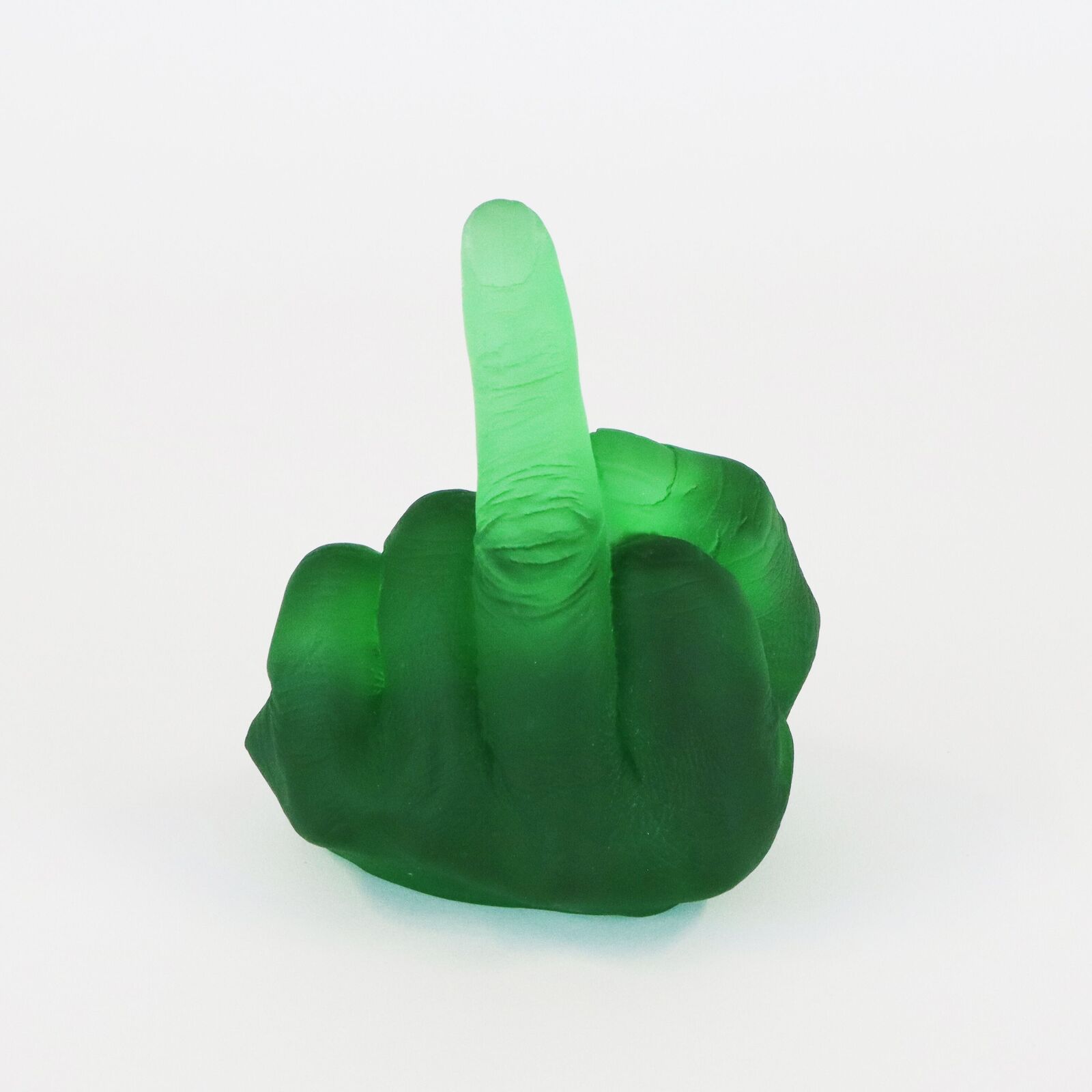 A row of six translucent, colorful hand sculptures in the middle finger gesture.