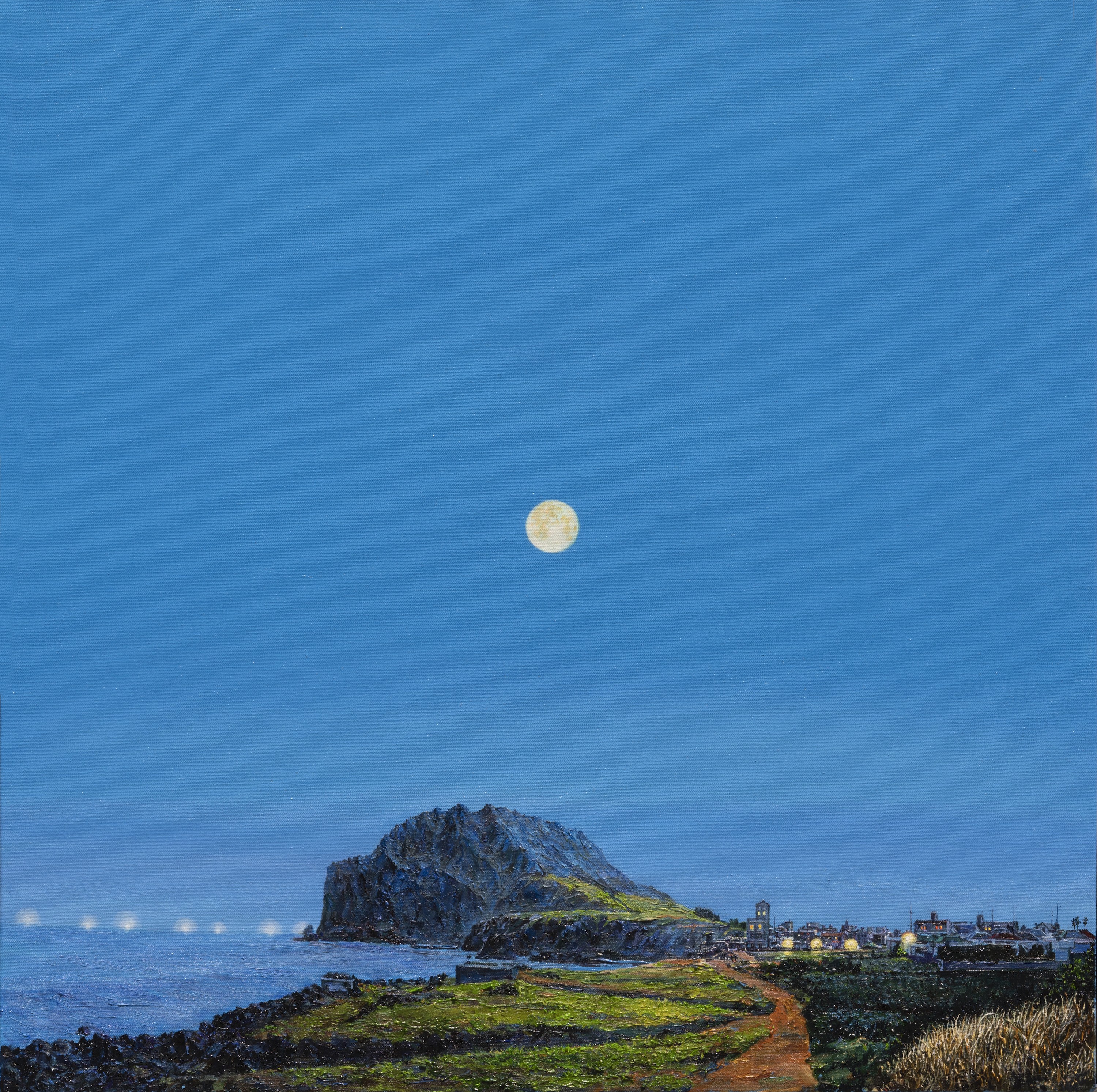 A painting of a full moon rising over the ocean with a mountain in the background.