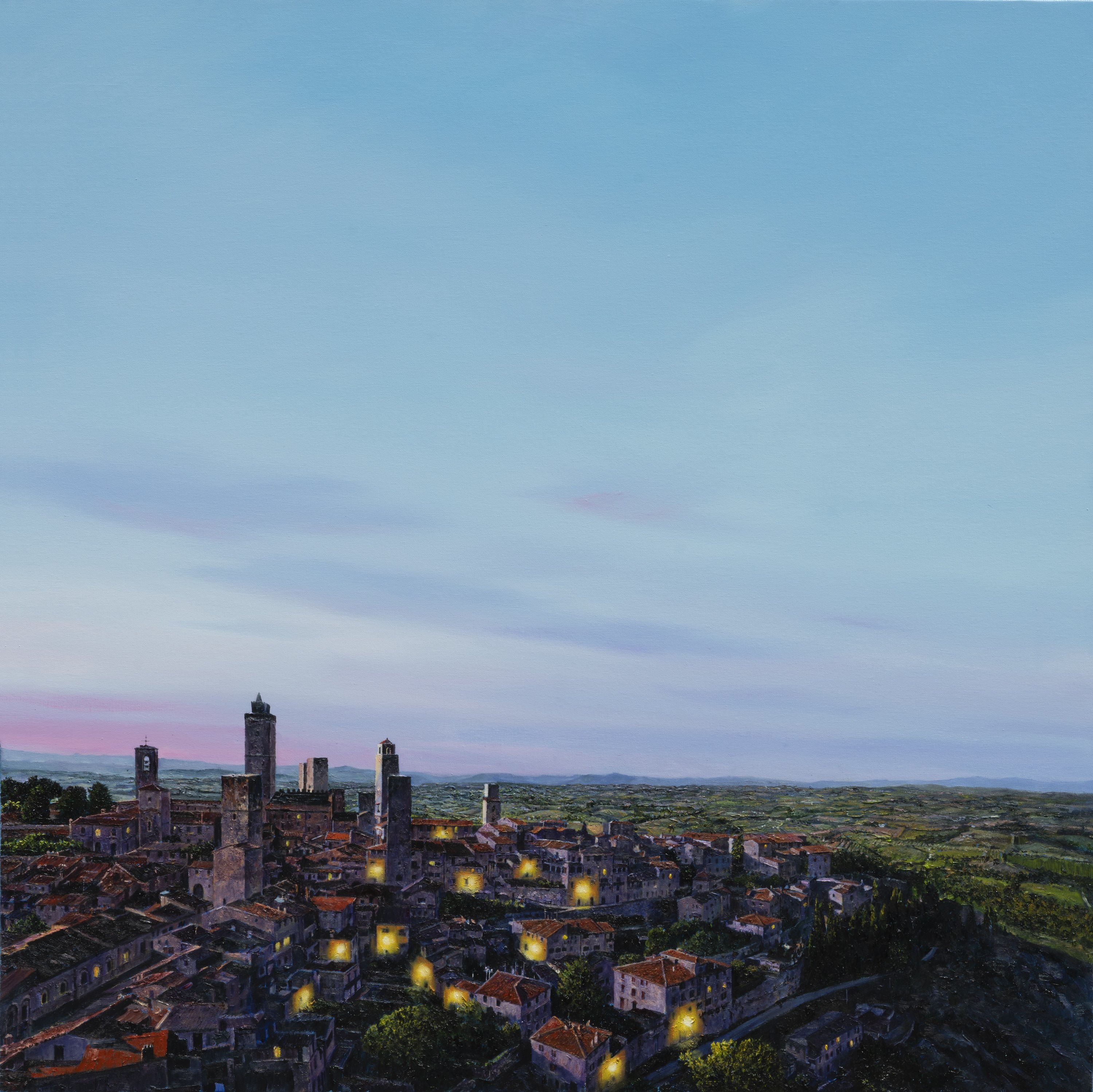 A painting of a city at dusk with a blue sky.