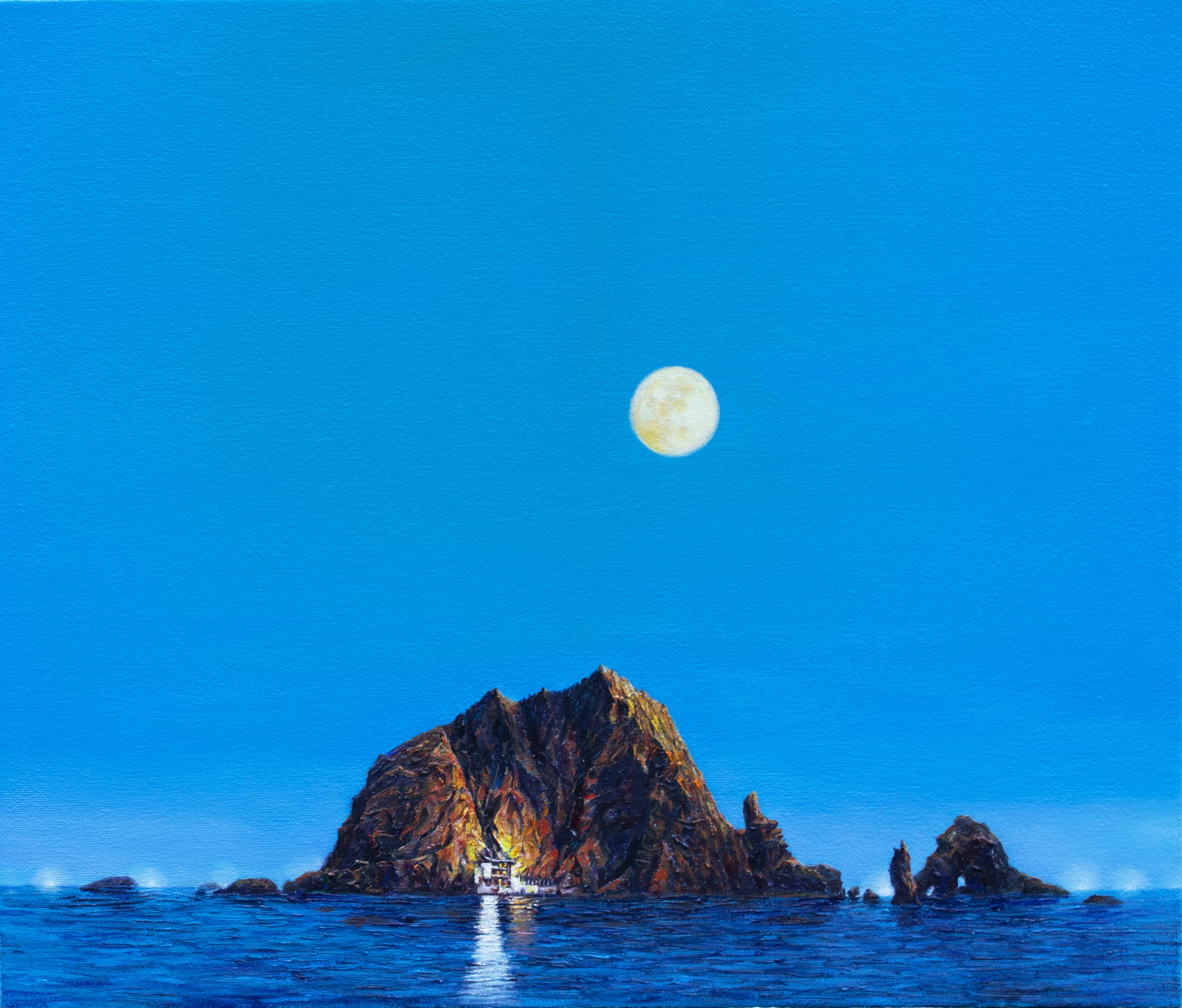 A painting of a full moon rising over a small island in the ocean.