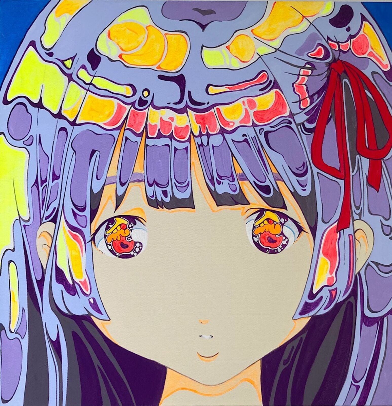 A painting of a girl with a colorful headdress on her head.