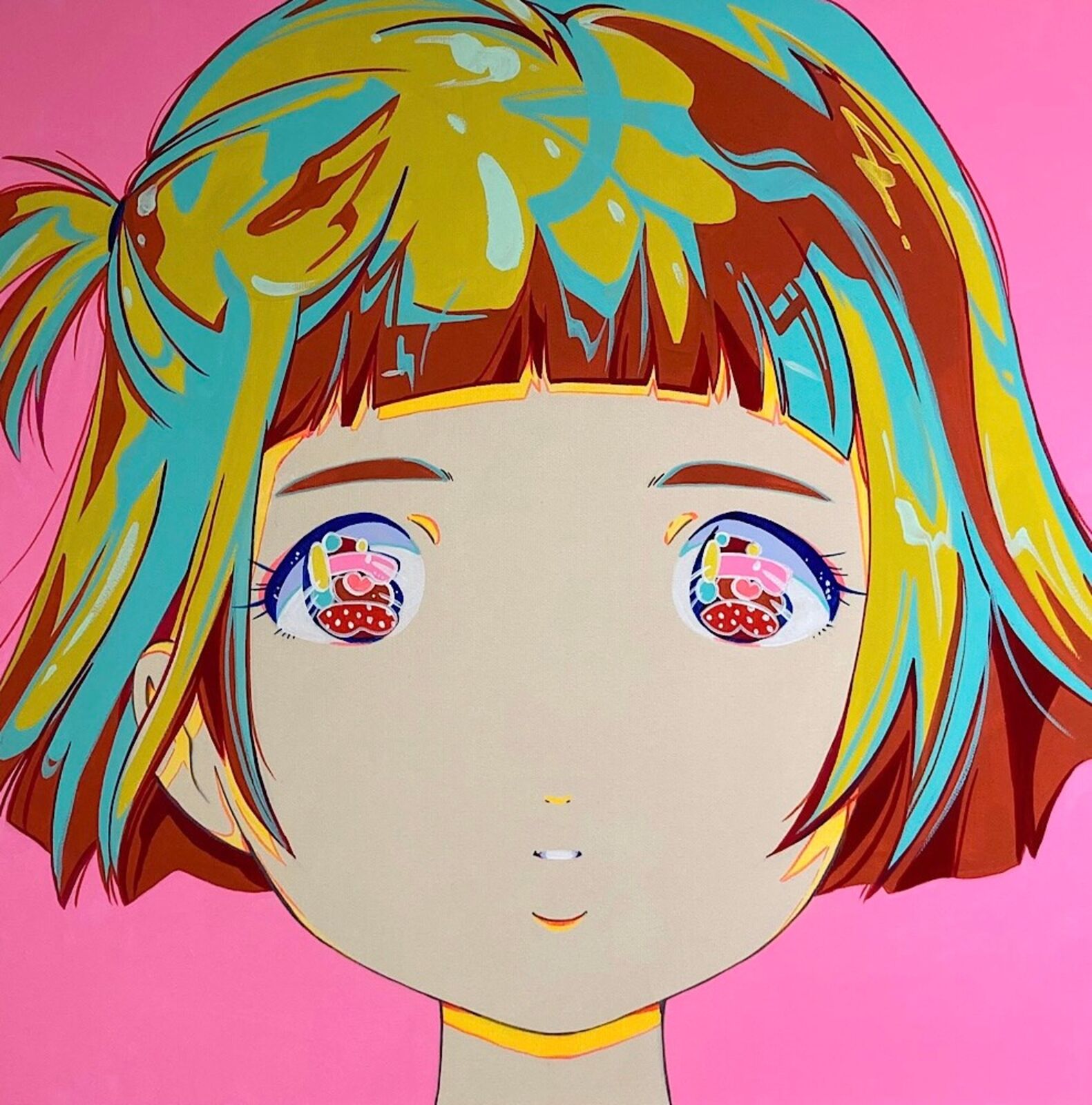 A painting of a girl with blue hair and a pink background.