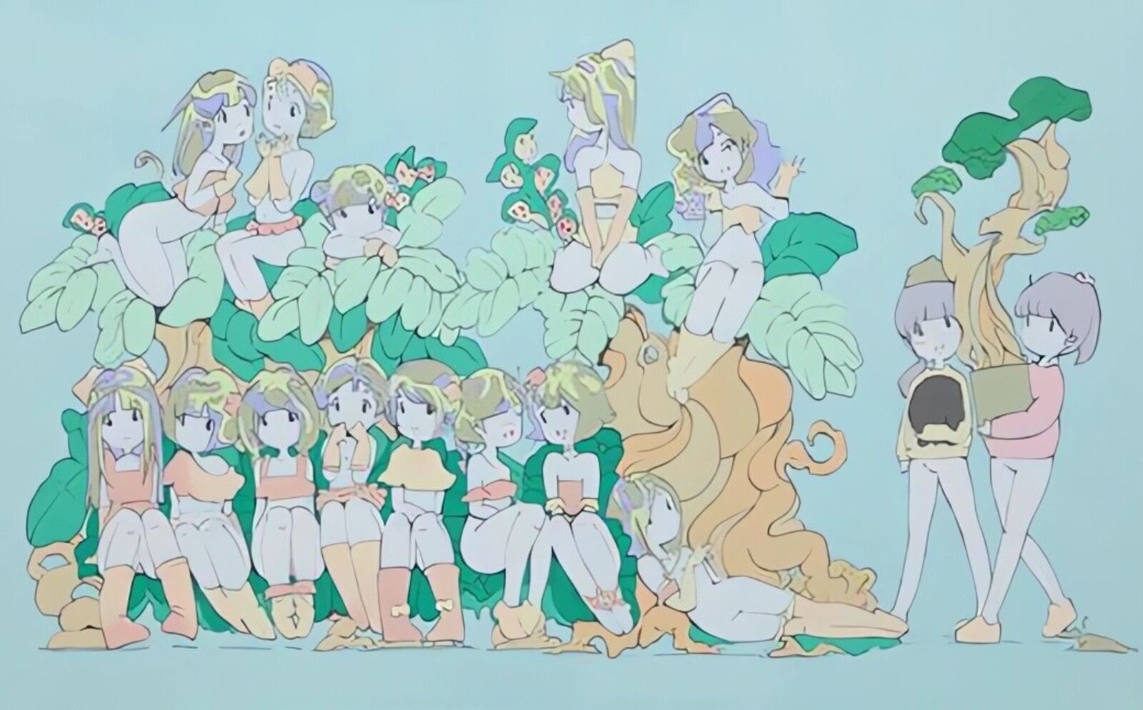 A group of anime characters standing in front of a tree.