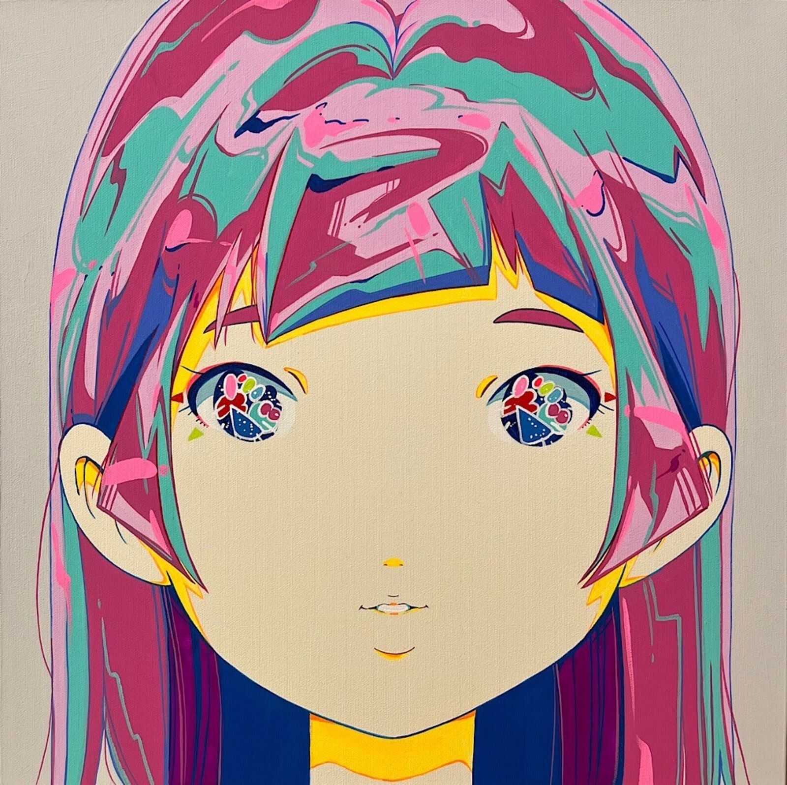 A girl with pink hair and blue eyes with colorful hair.