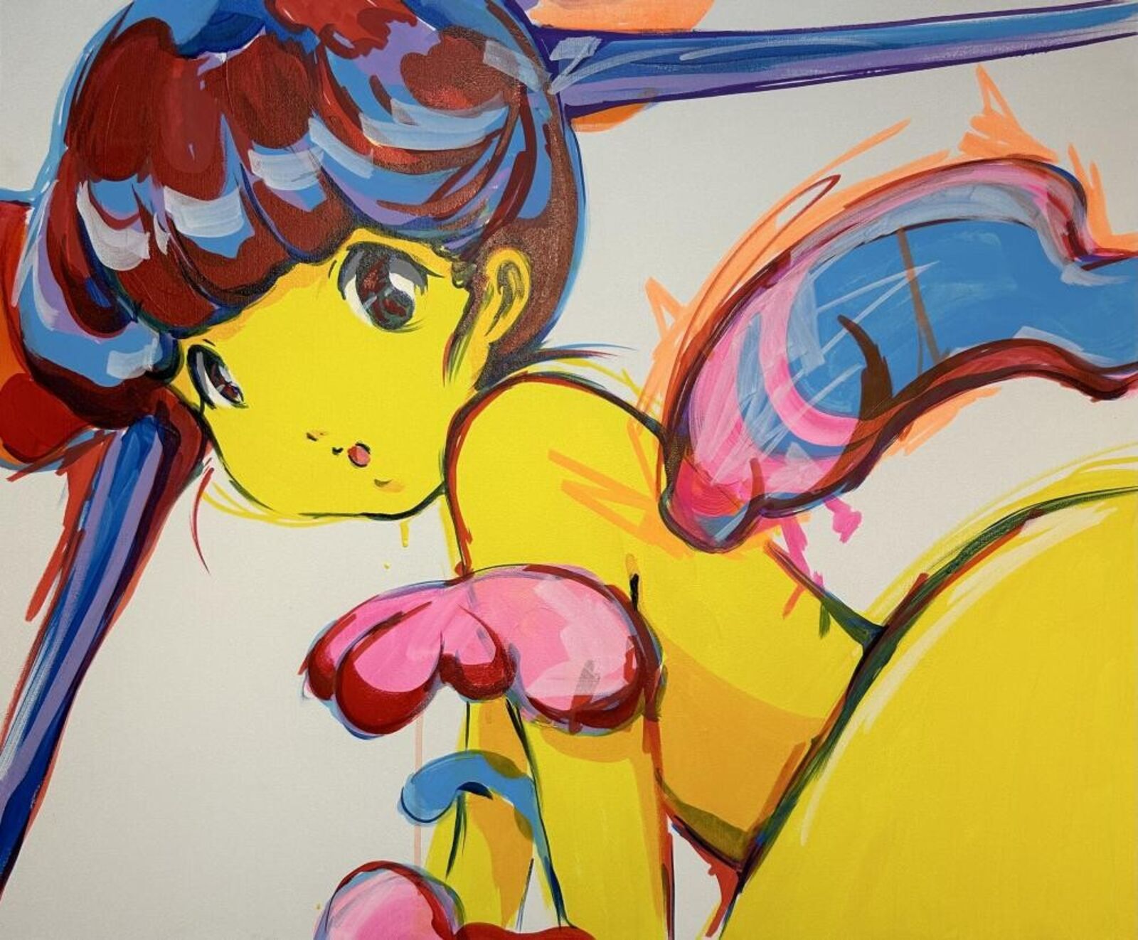 A painting of a girl with a ponytail and a flower in her hand.