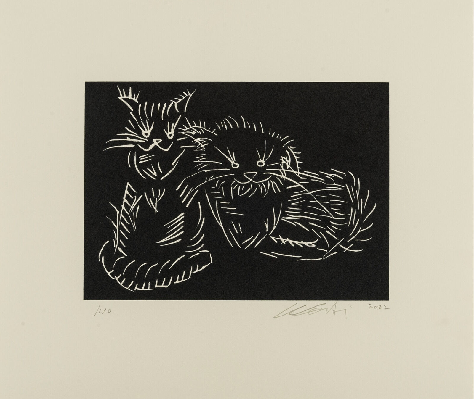 A black and white drawing of two cats sitting together.