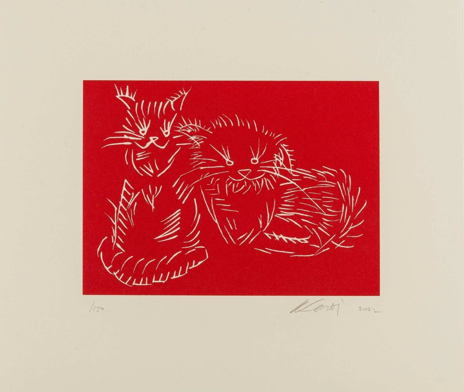 A red and white drawing of two cats on a red background.