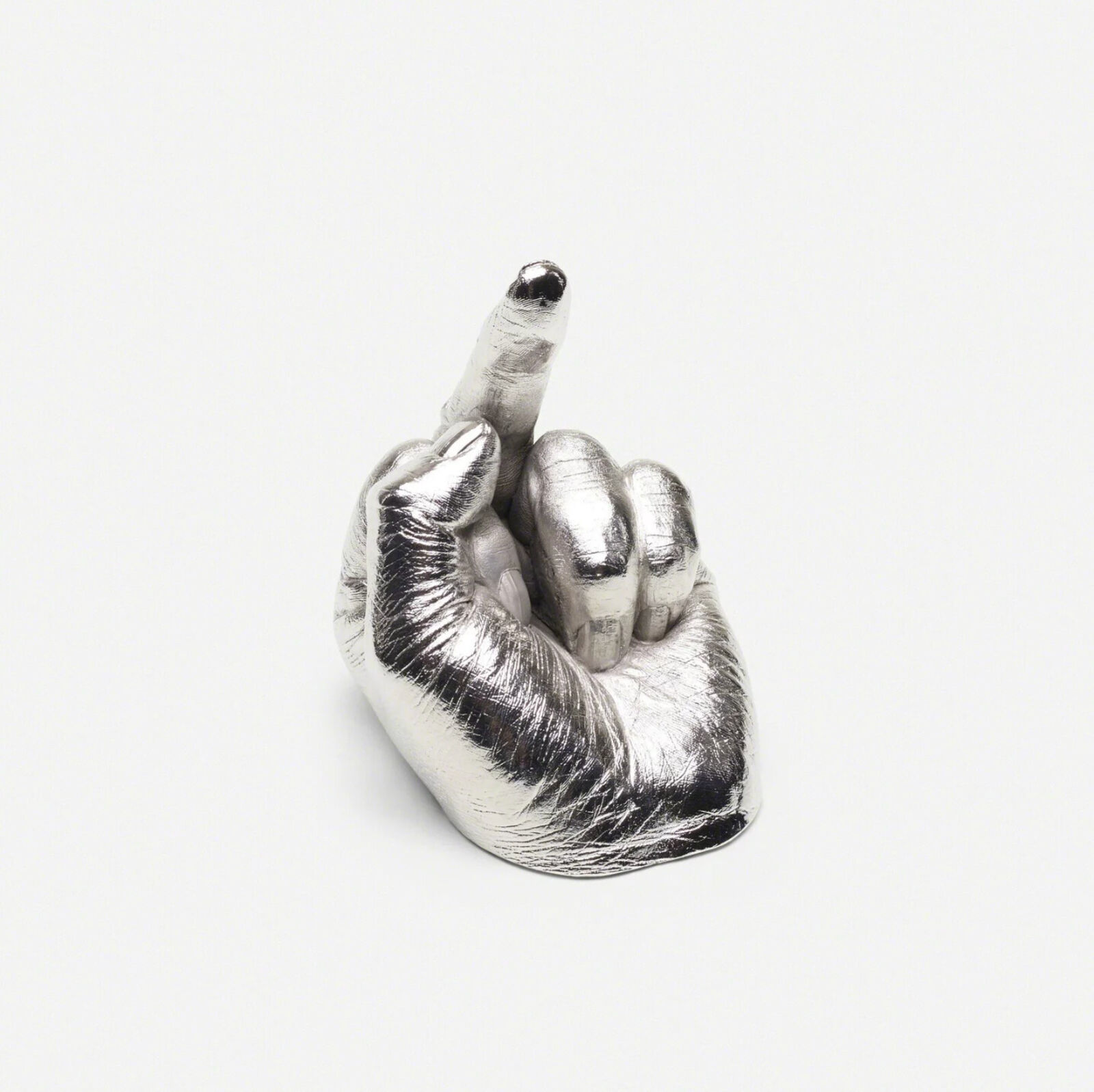 A silver hand with a finger pointing up on a white background.