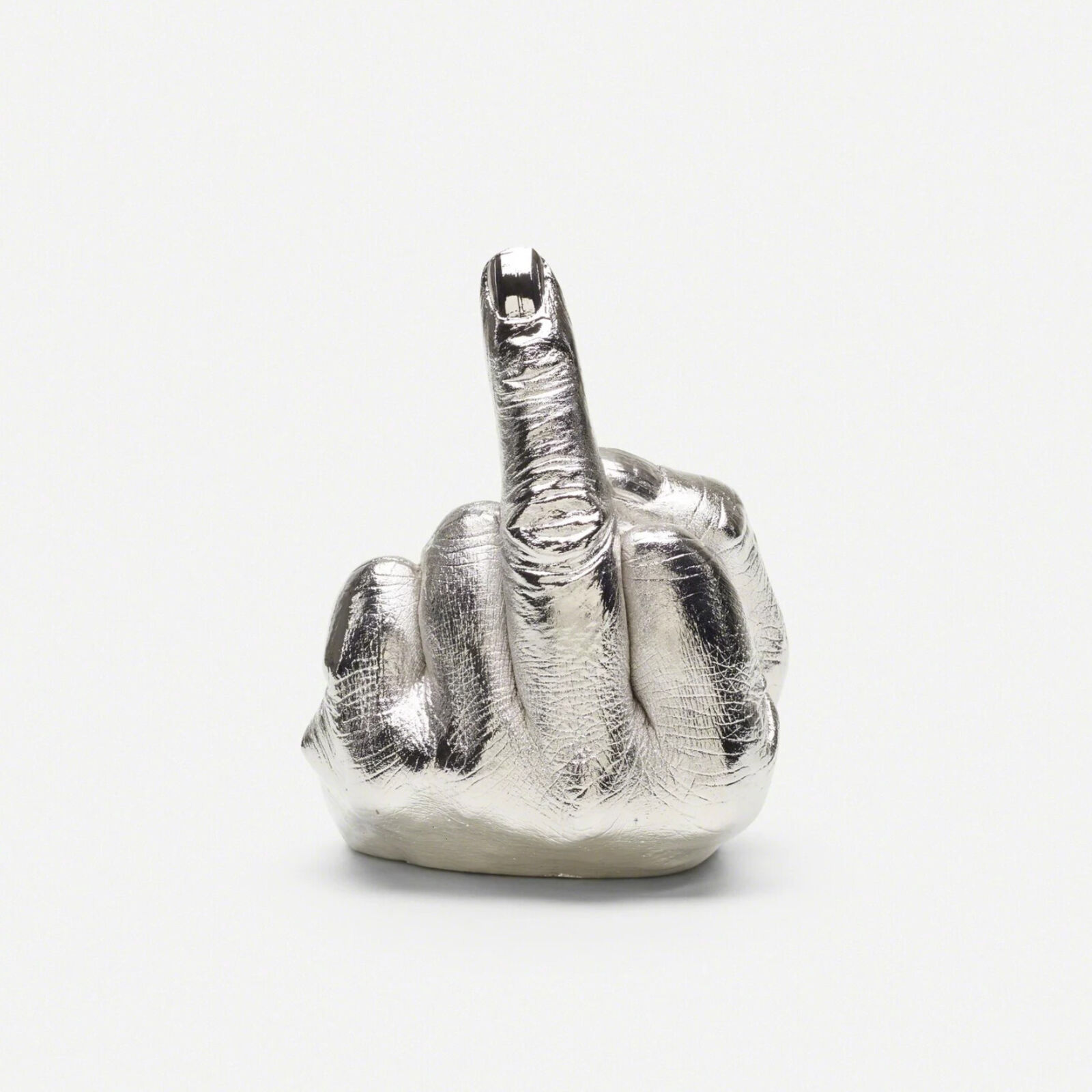 A silver hand with a finger pointing up on a white background.