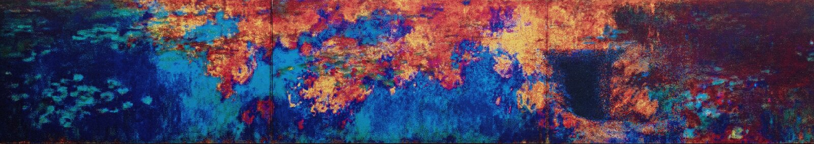 A panoramic abstract landscape blending fiery reds and oranges with deep blues.