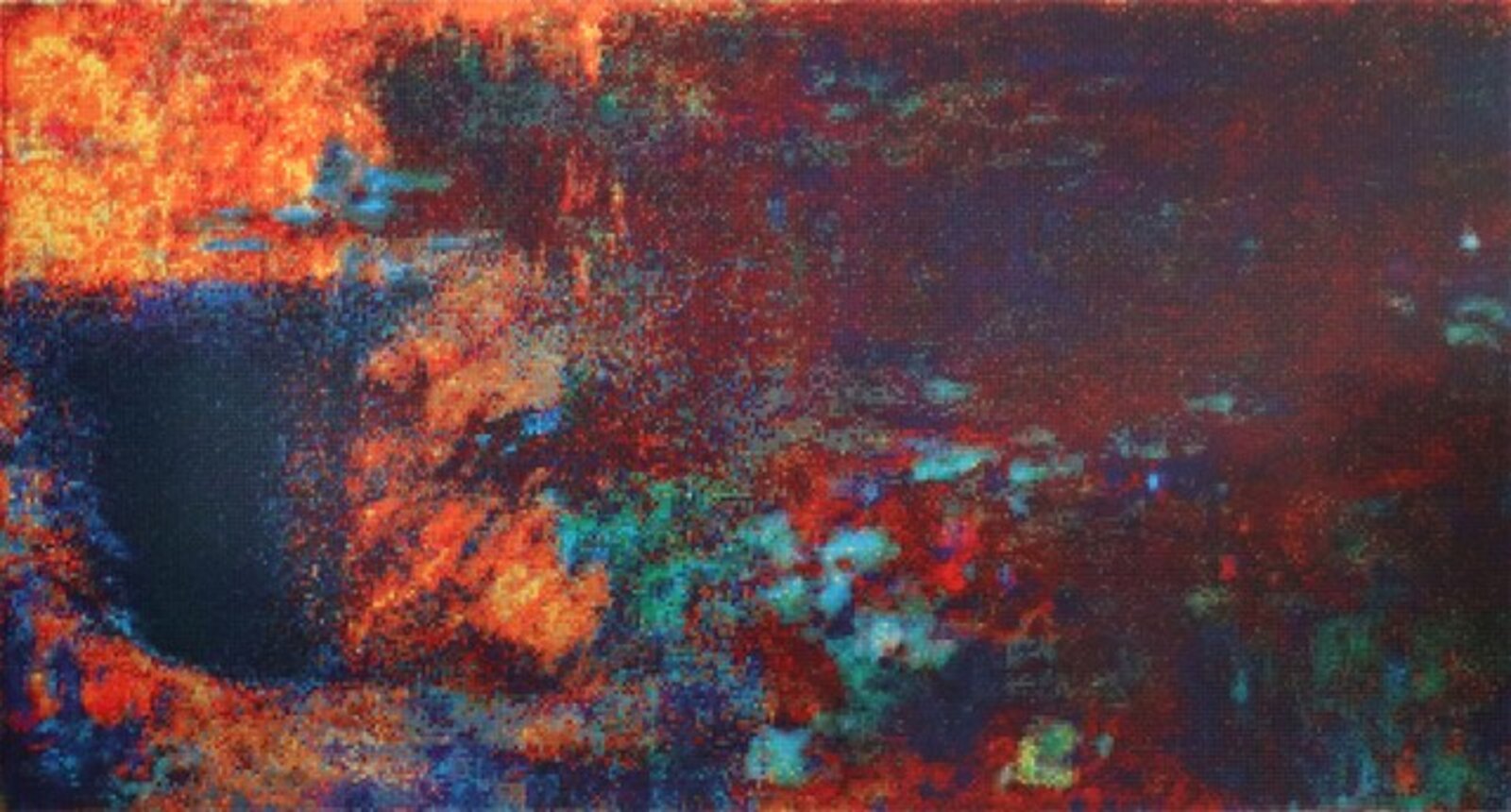 A panoramic abstract landscape blending fiery reds and oranges with deep blues.