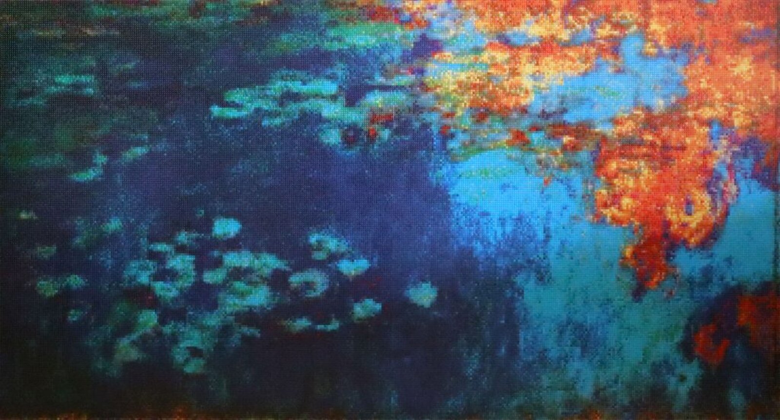 A panoramic abstract landscape blending fiery reds and oranges with deep blues.