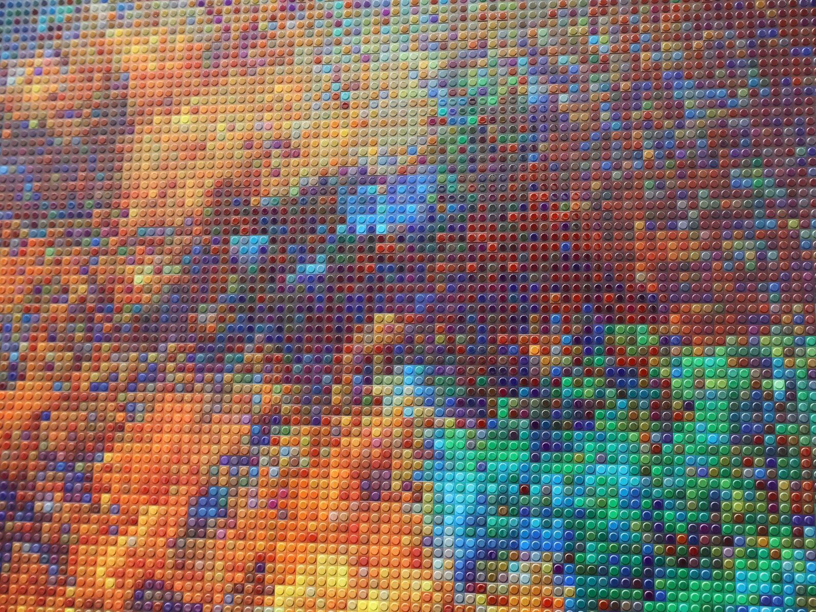 A painting of a red, blue and green abstract painting.