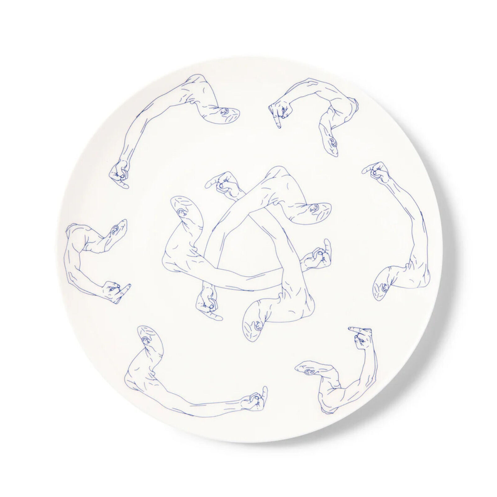 A white plate with a drawing of a group of people doing gymnastics.