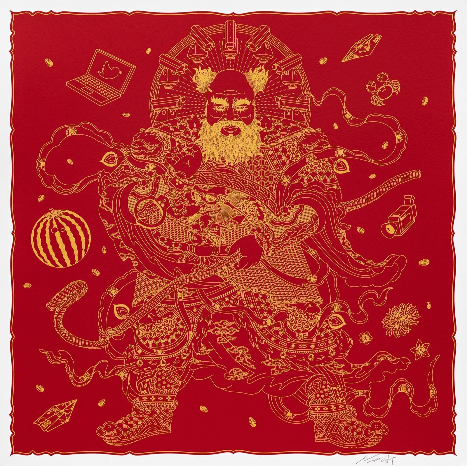 A red and gold illustration of a man with a beard and a long beard.