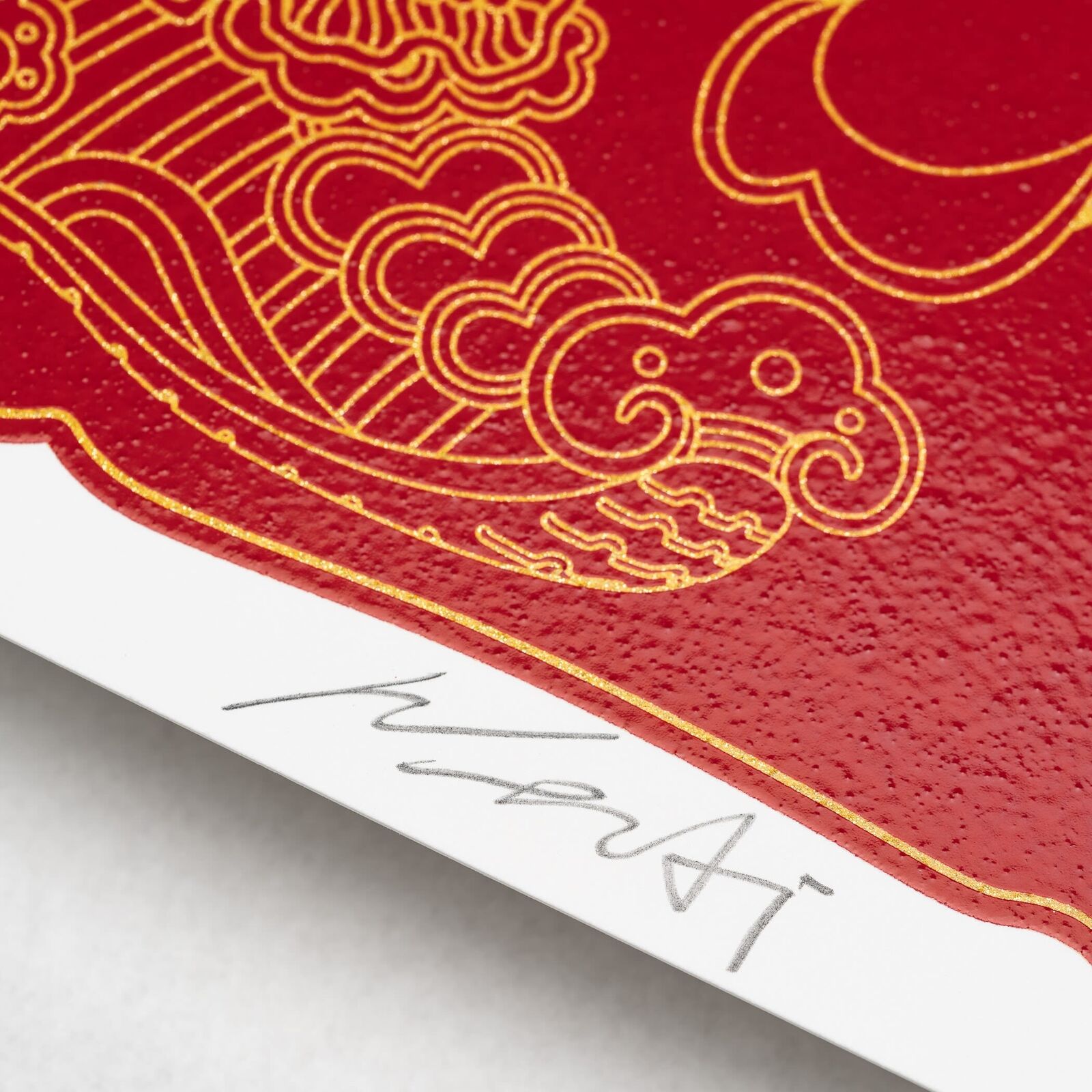 A red and gold illustration of a man with a beard and a long beard.