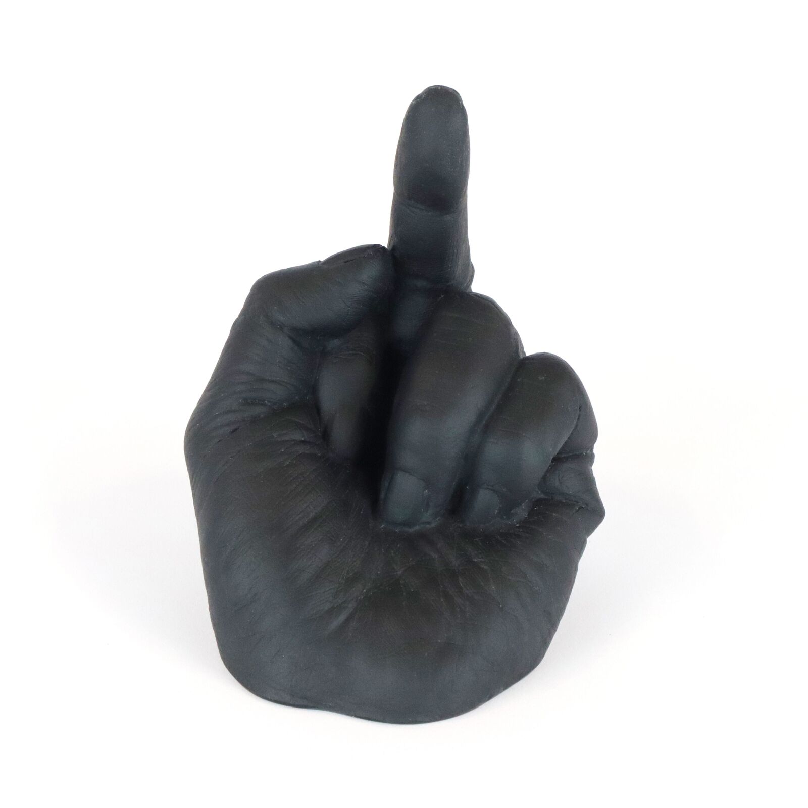 A black foam finger pointing up on a white background.