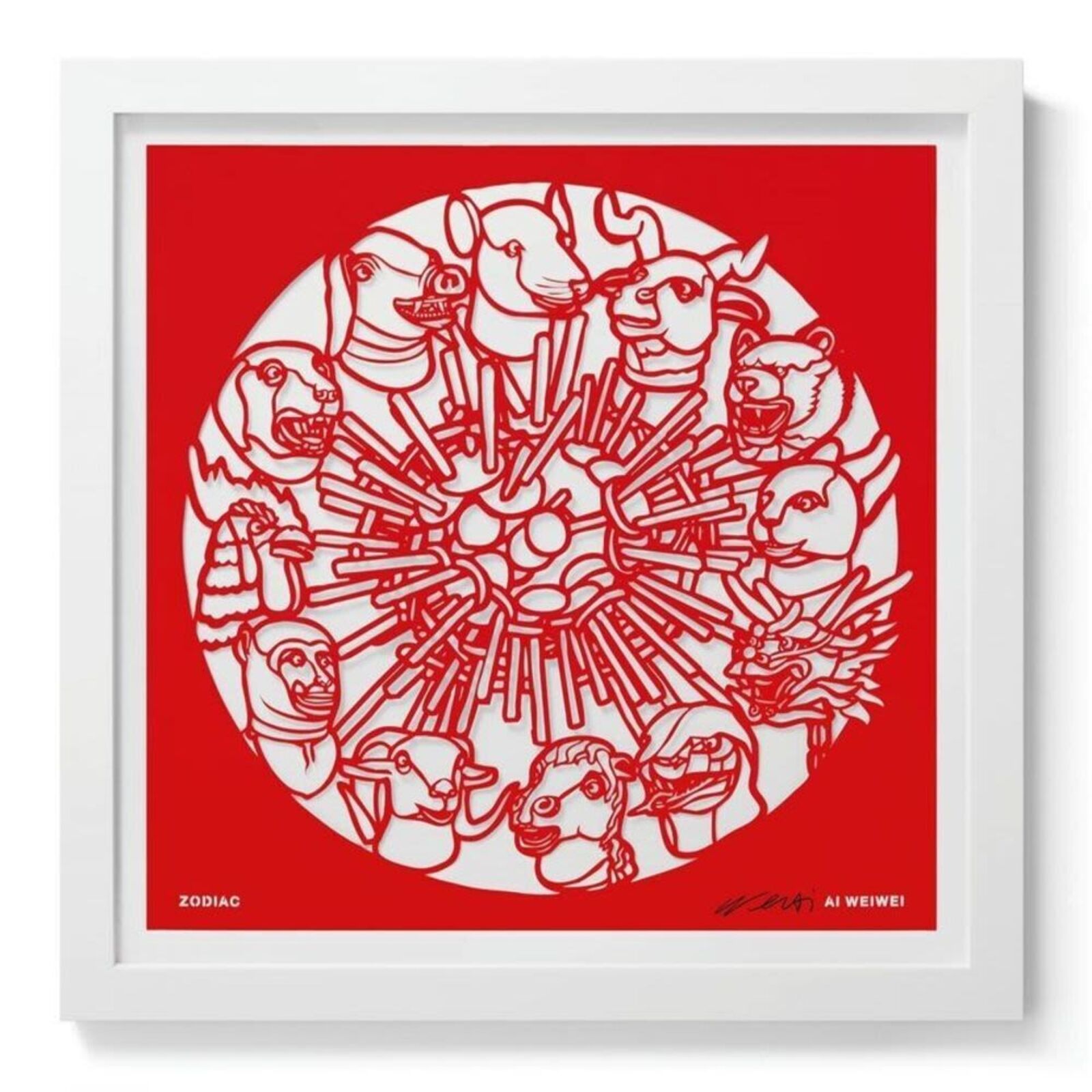 A set of six red paper cut art prints on a white background.