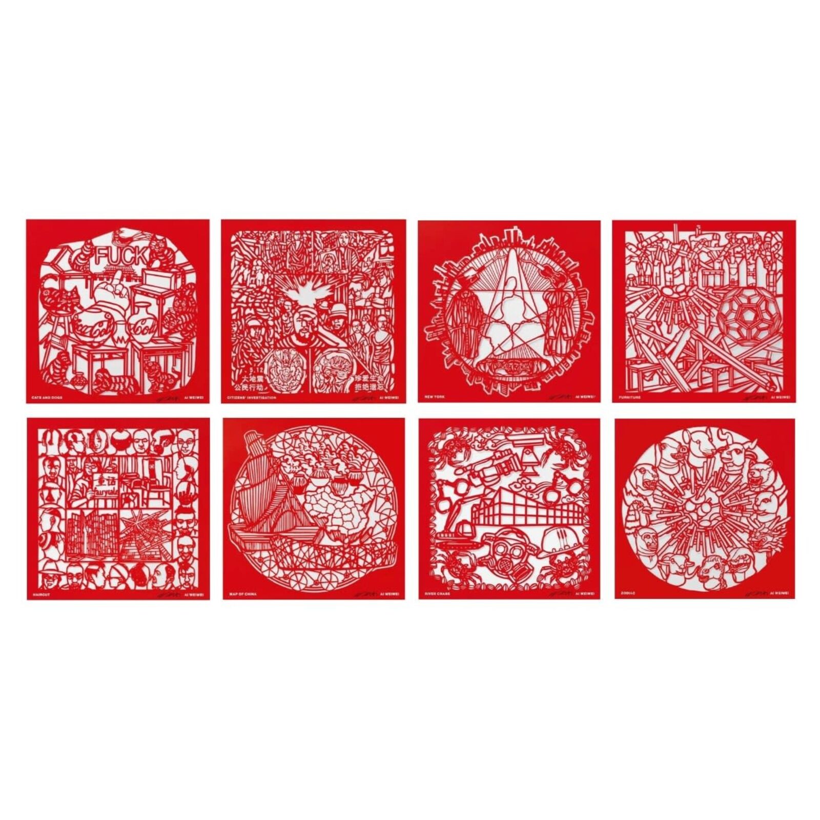 A set of six red paper cut art prints on a white background.
