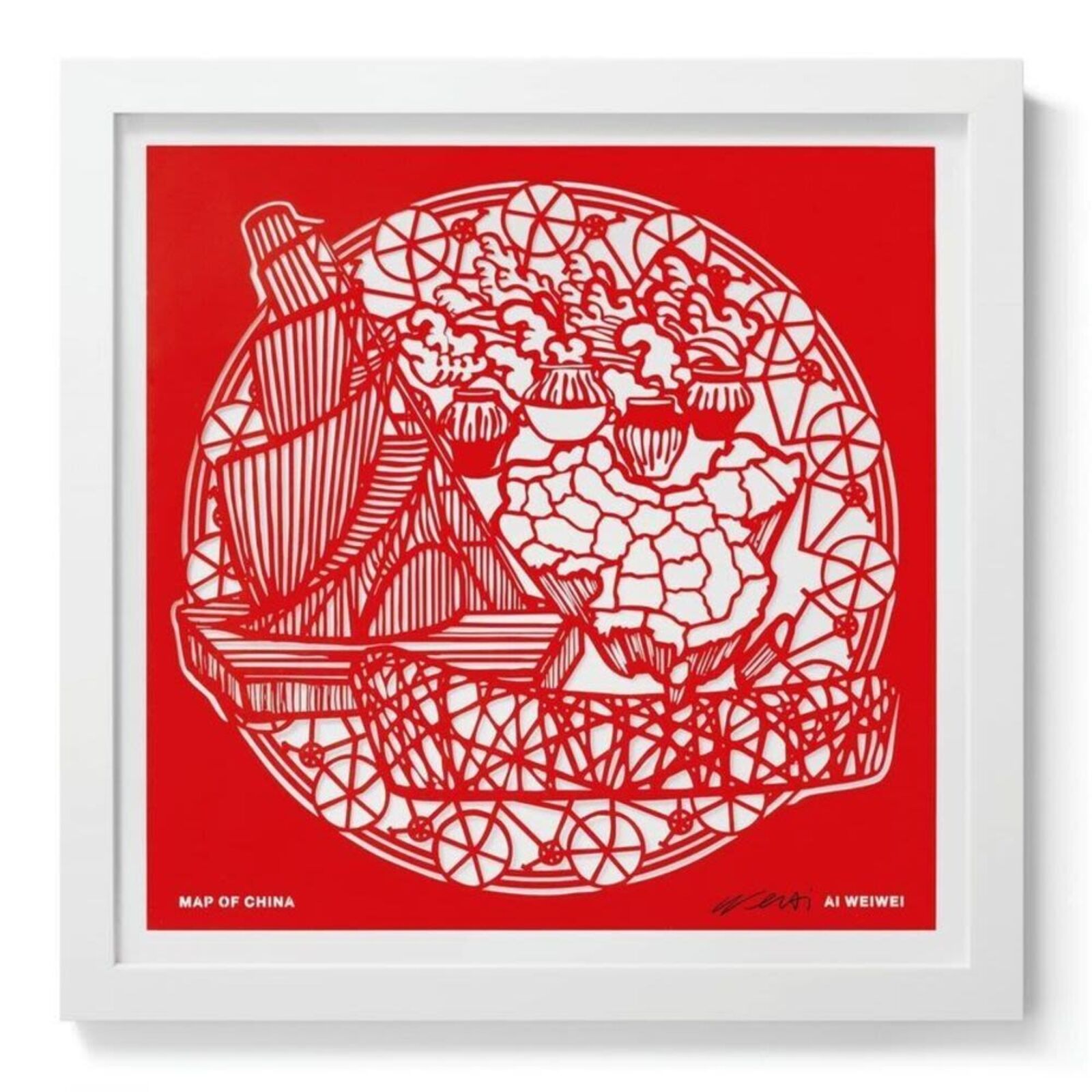 A set of six red paper cut art prints on a white background.