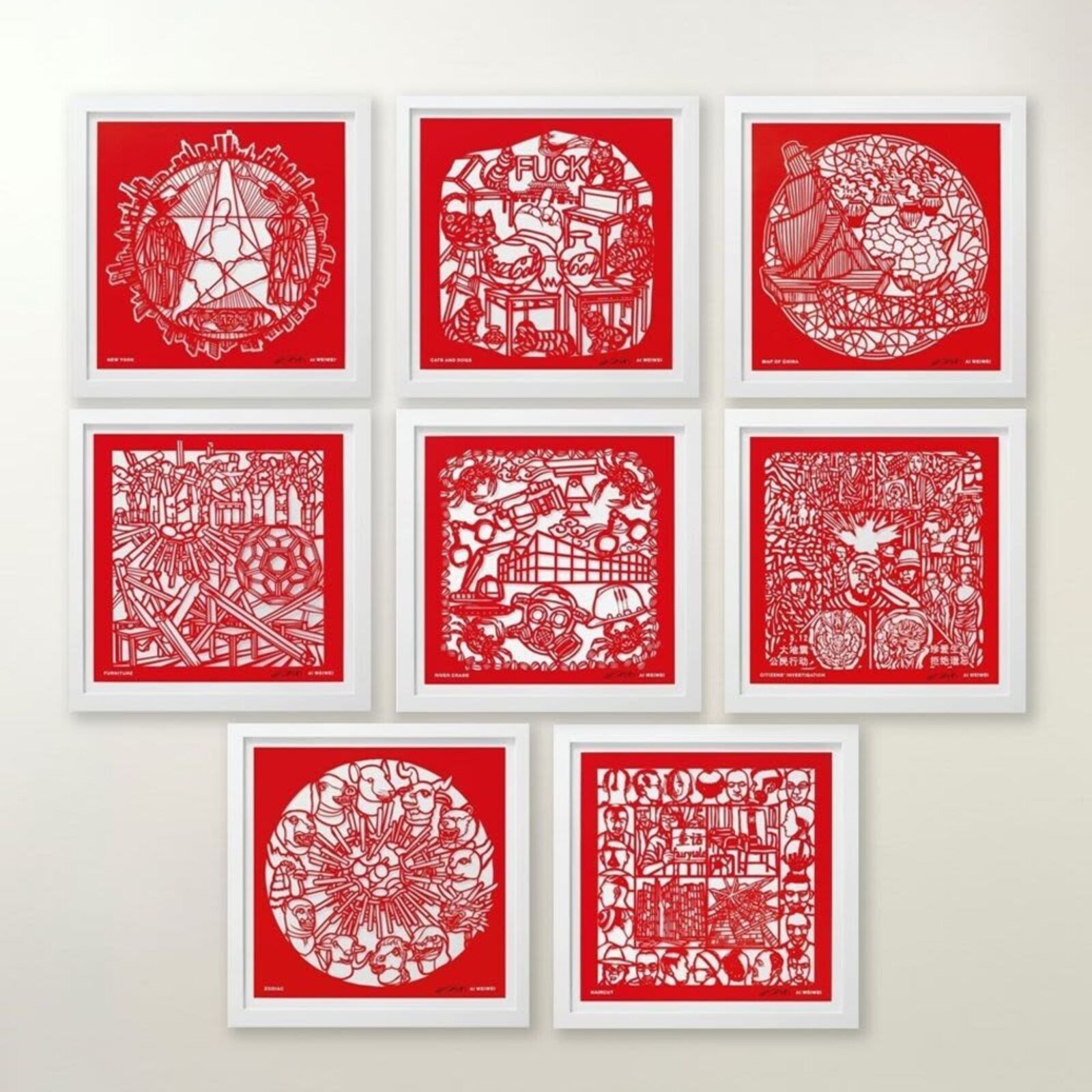 A set of six red paper cut art prints on a white background.