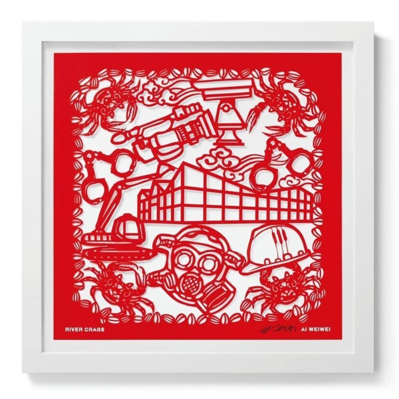 A set of six red paper cut art prints on a white background.