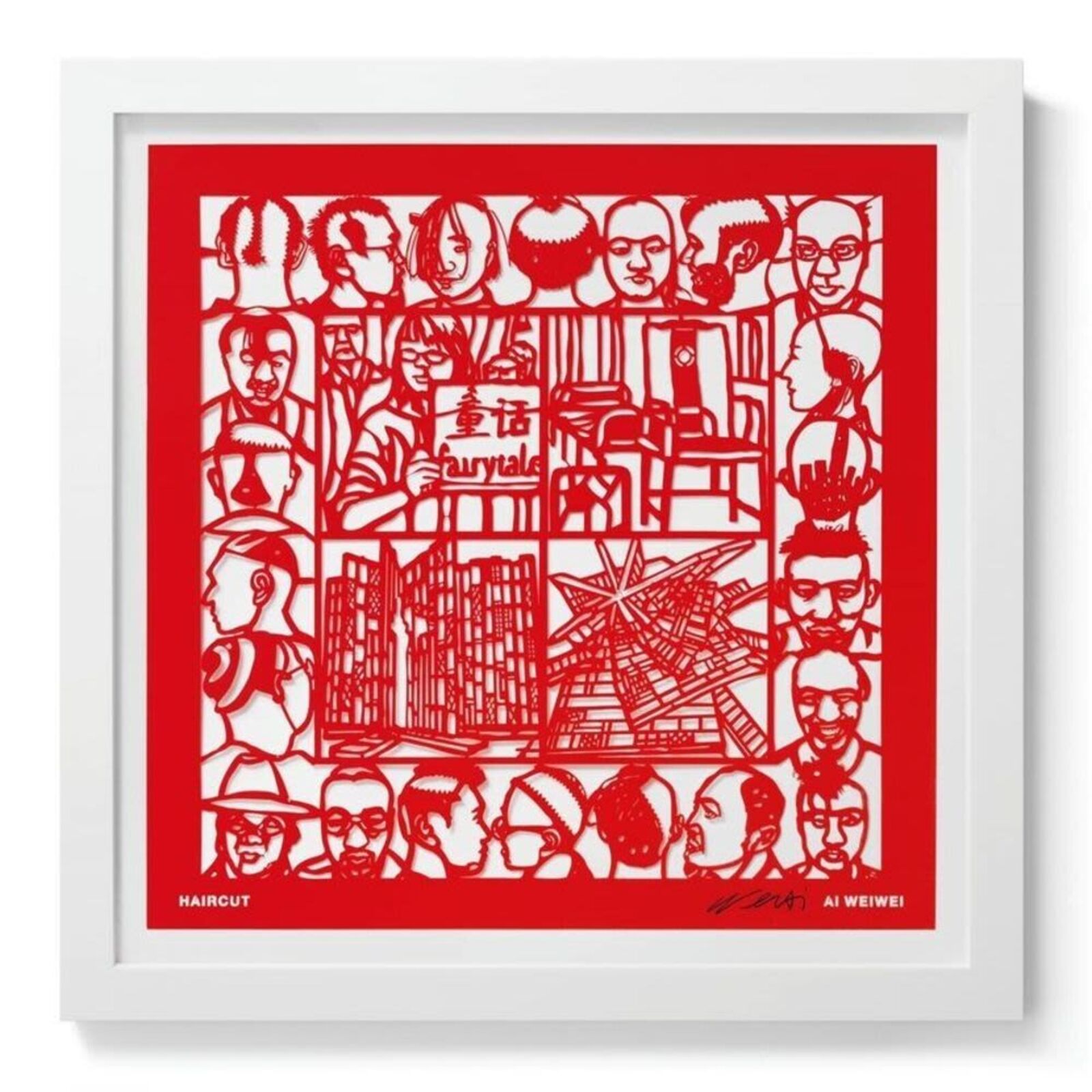 A set of six red paper cut art prints on a white background.