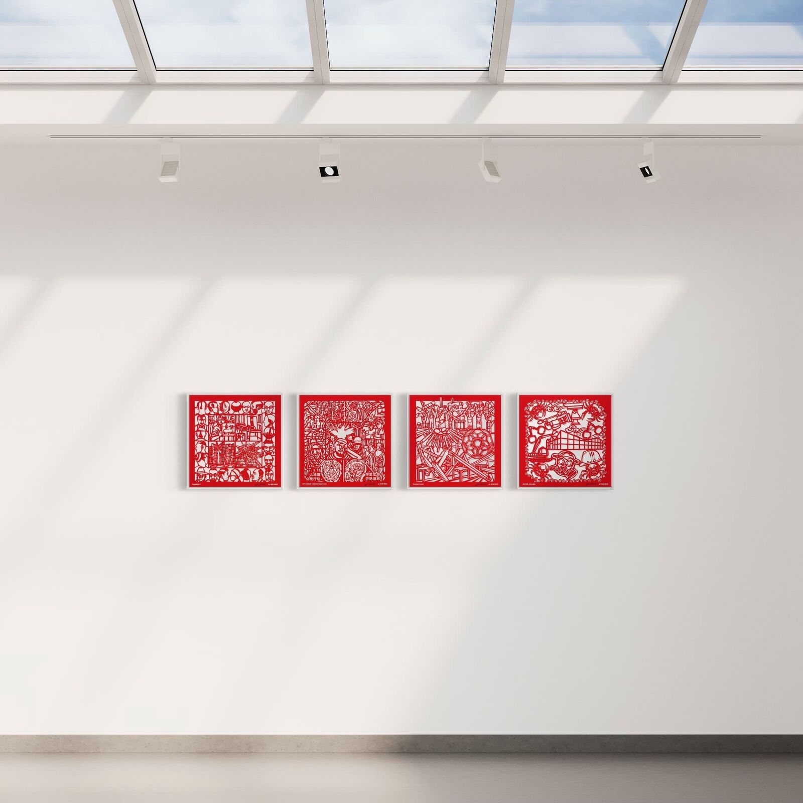 A set of six red paper cut art prints on a white background.