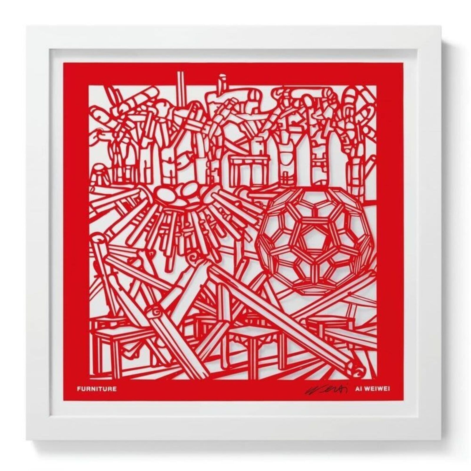 A set of six red paper cut art prints on a white background.