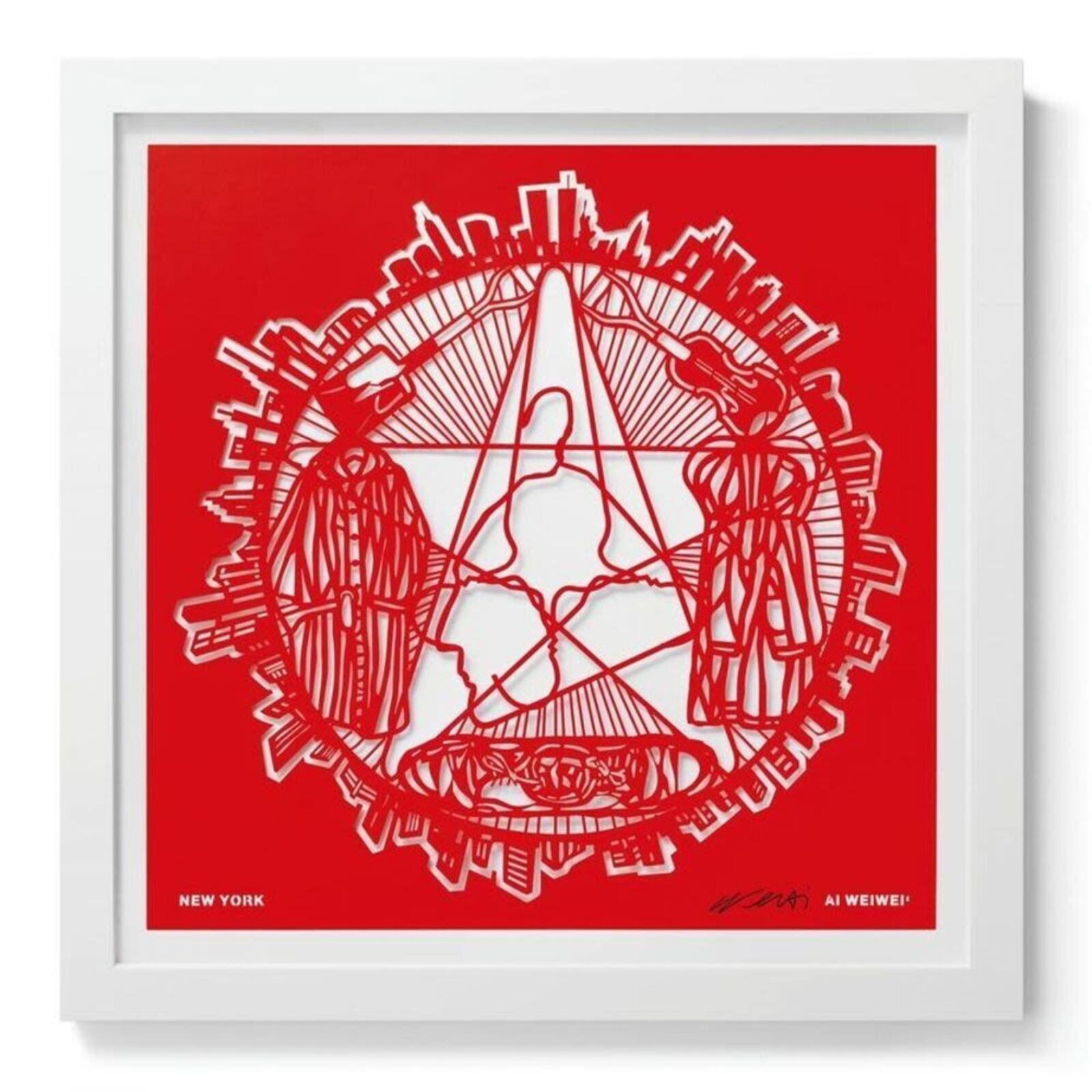 A set of six red paper cut art prints on a white background.