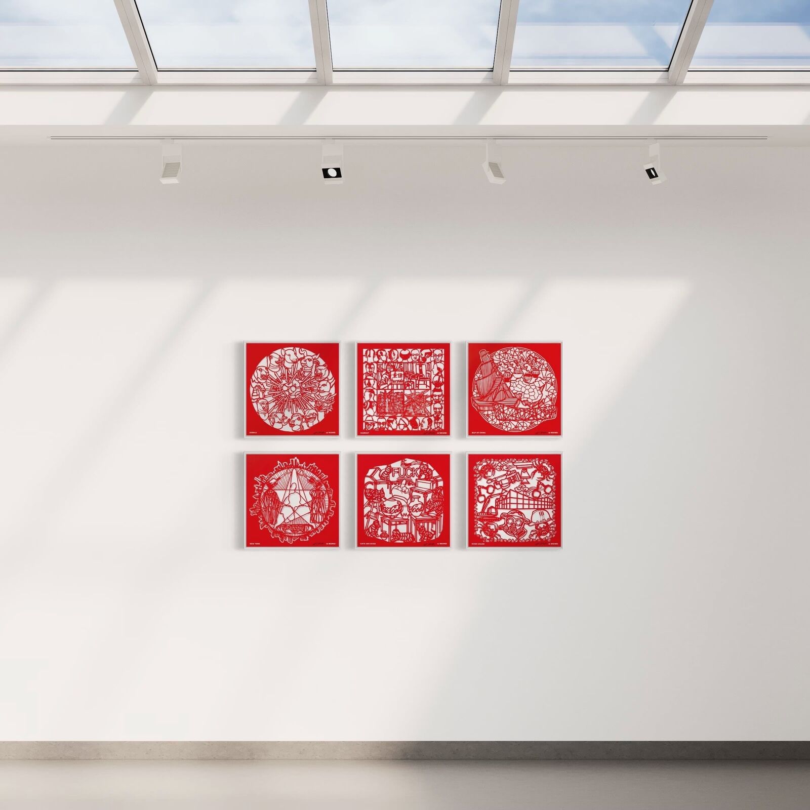 A set of six red paper cut art prints on a white background.