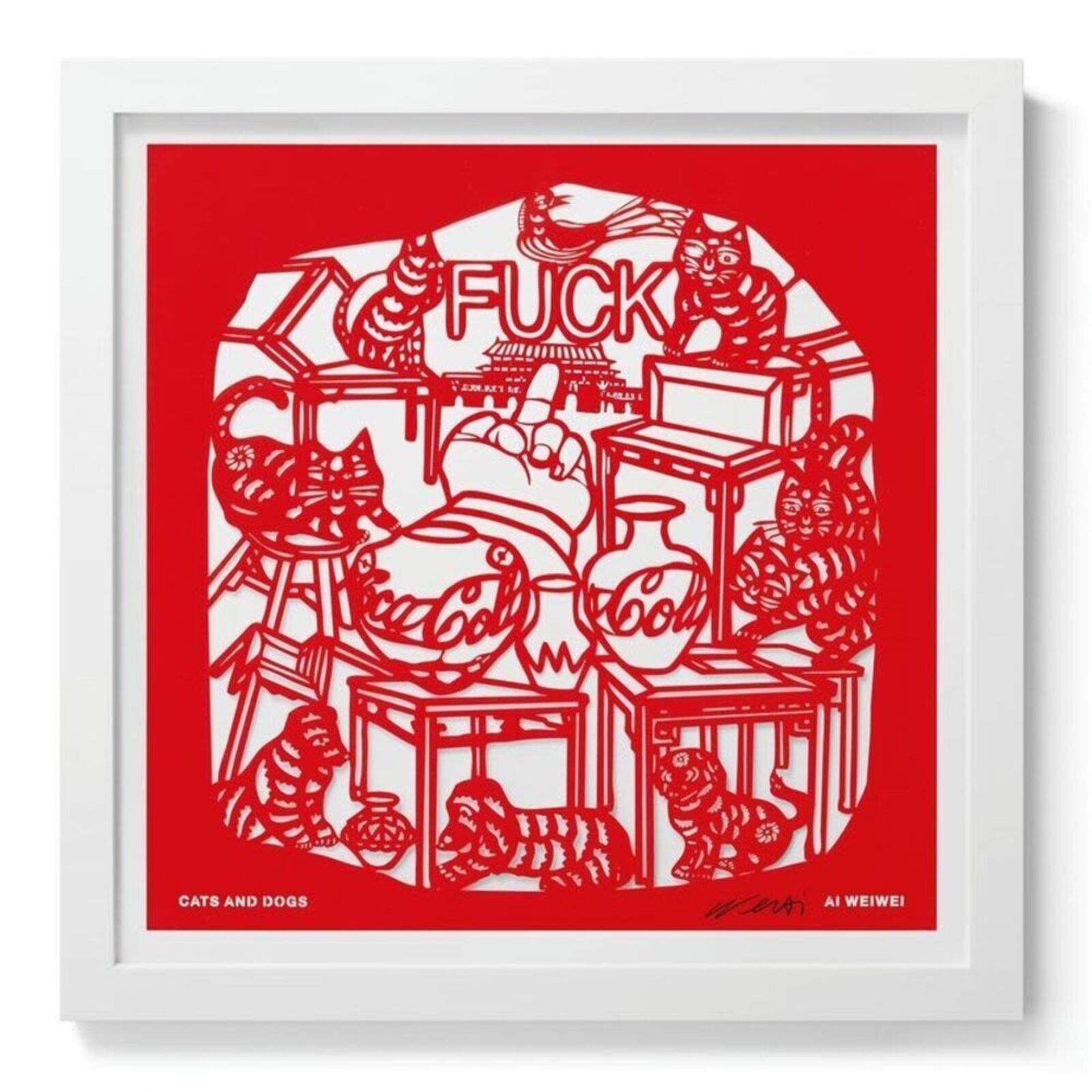 A set of six red paper cut art prints on a white background.