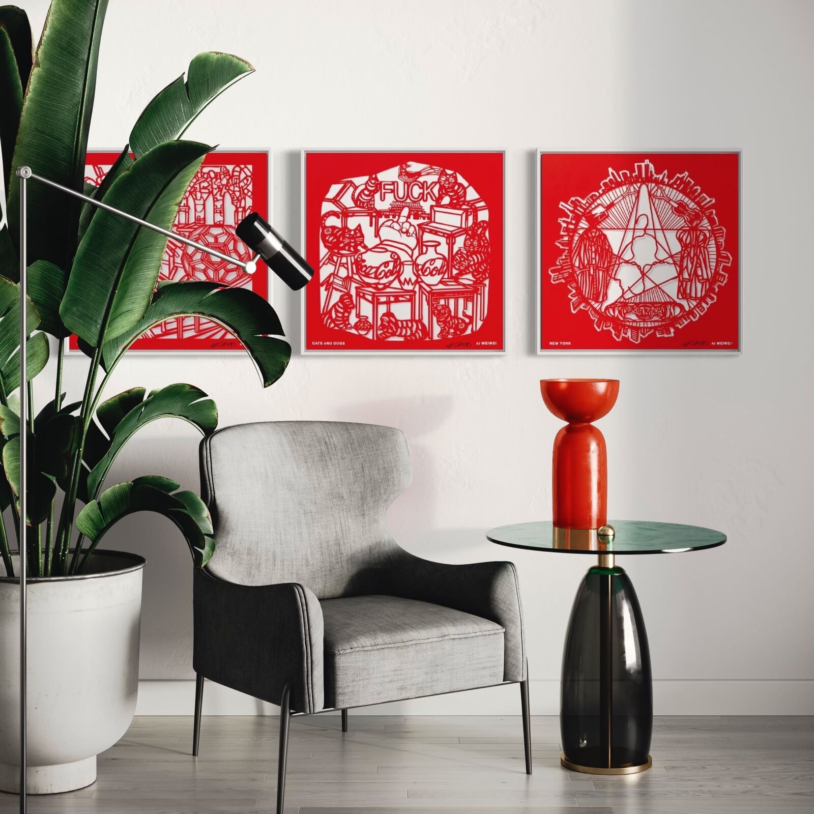 A set of six red paper cut art prints on a white background.
