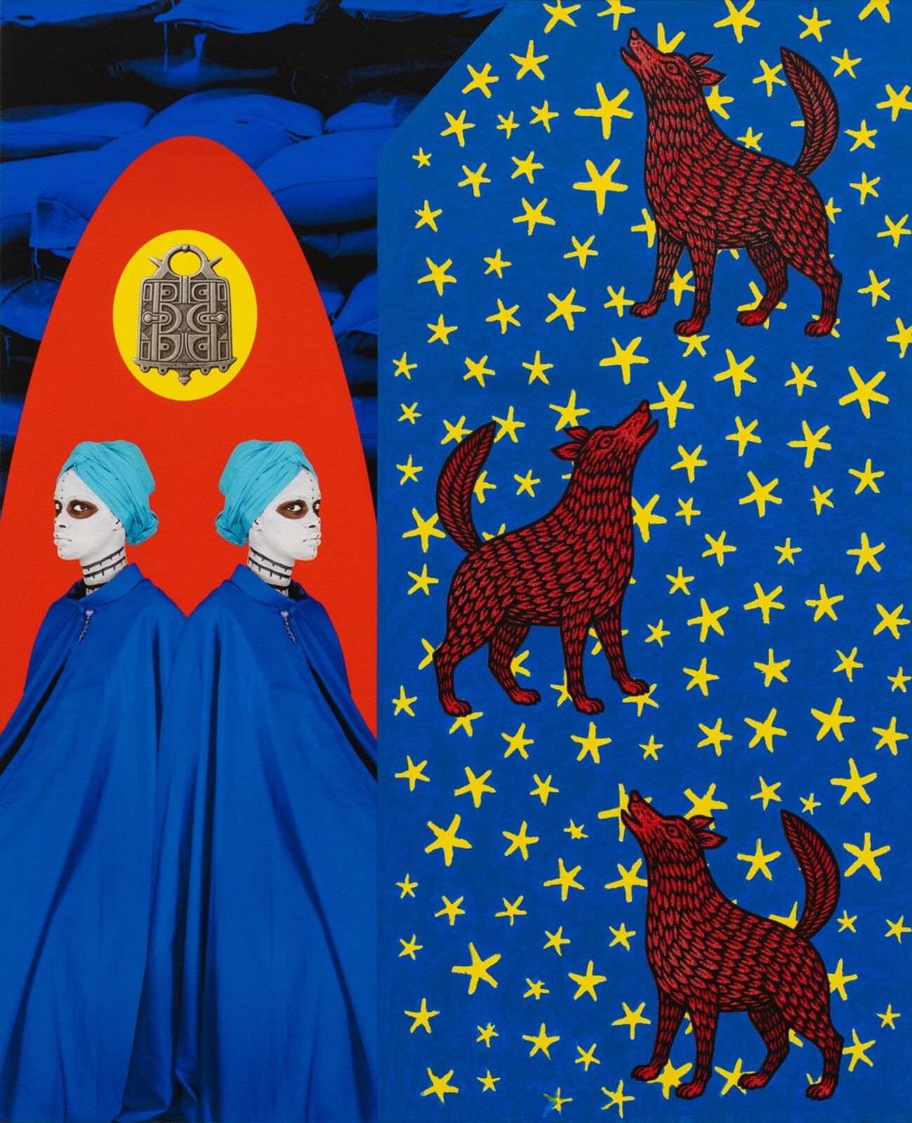 A collage of two women in blue cloaks and a red and blue background with a wolf.