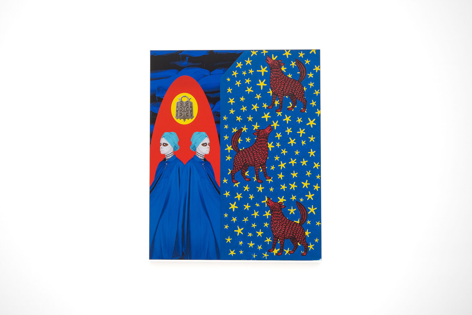 A collage of two women in blue cloaks and a red and blue background with a wolf.