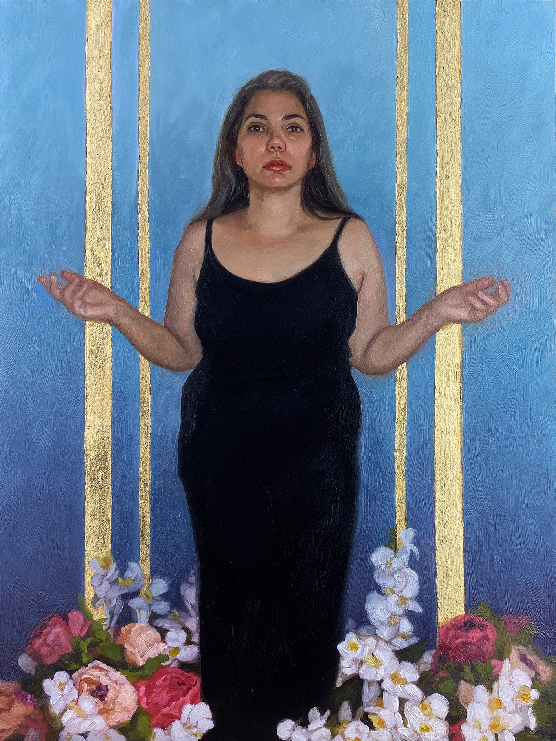A portrait of a figure in a black dress standing amidst flowers against a blue and gold background.
