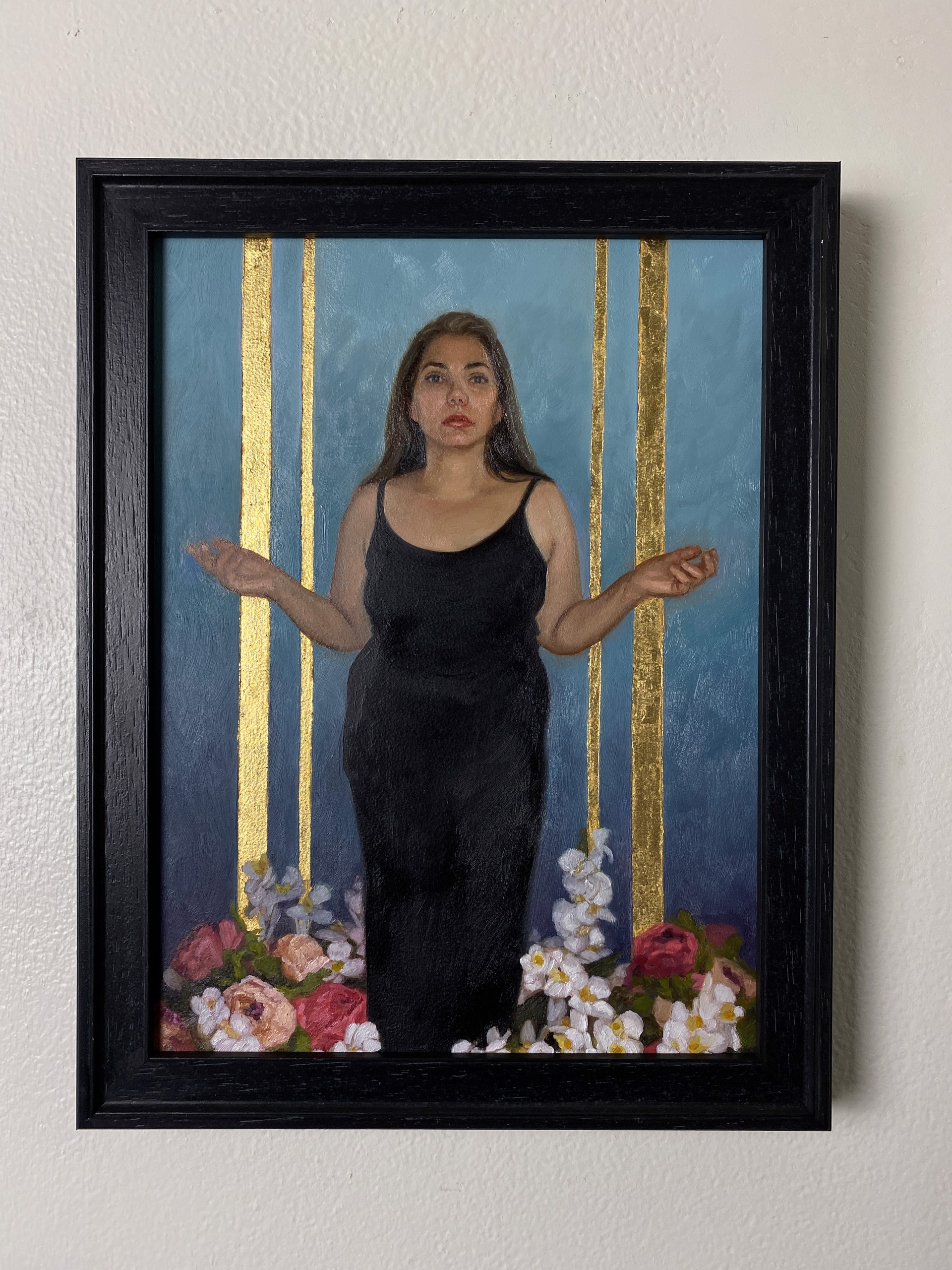 A portrait of a figure in a black dress standing amidst flowers against a blue and gold background.